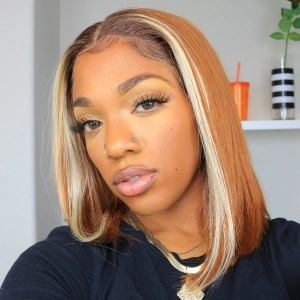 613 Highlight Amber Silky Straight Minimalist Lace Glueless Mid Part Bob Wig 100% Human Hair- US Only