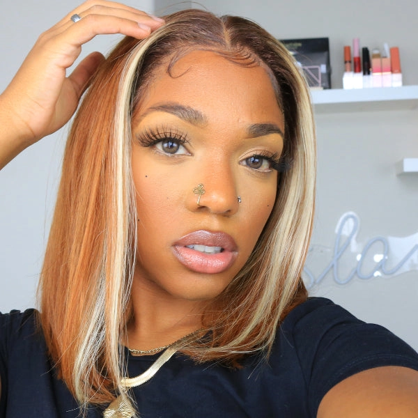 613 Highlight Amber Silky Straight Minimalist Lace Glueless Mid Part Bob Wig 100% Human Hair- US Only
