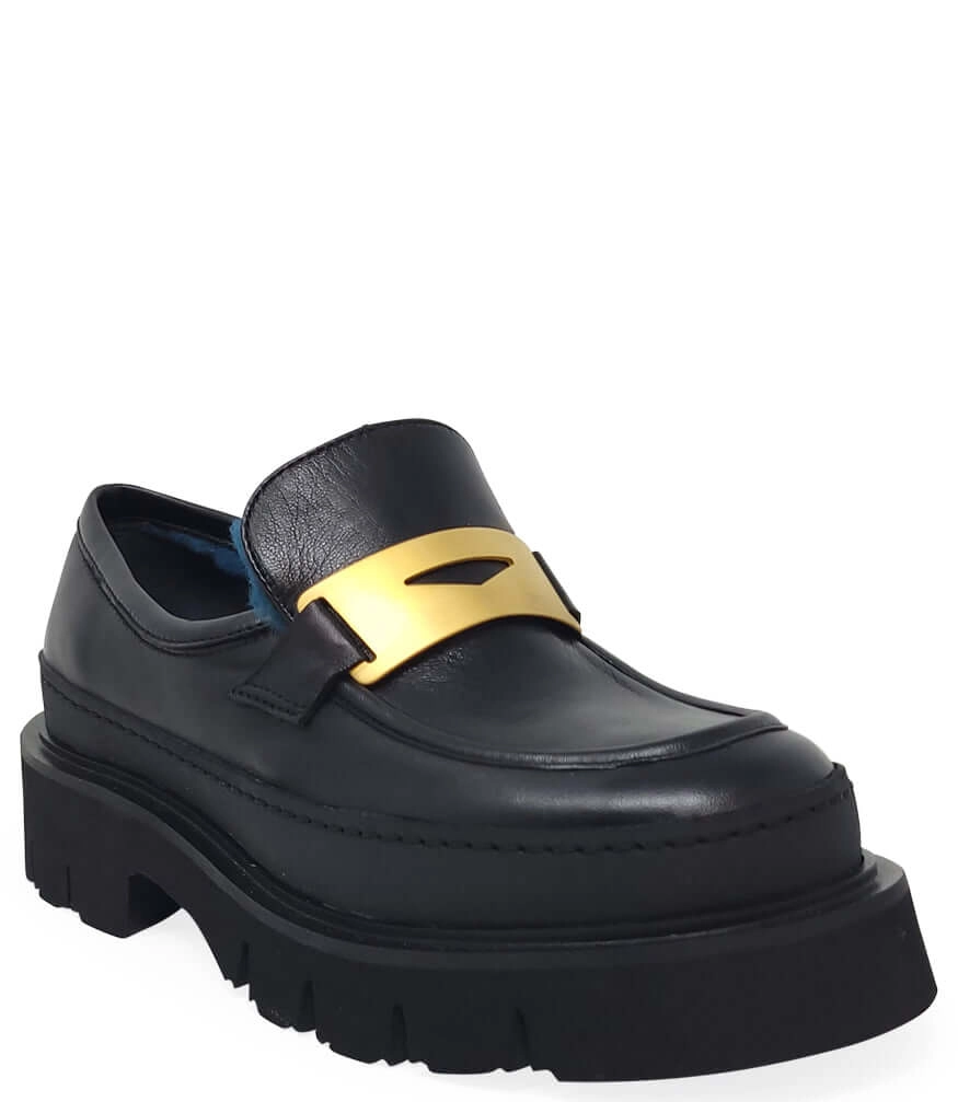 Black Leather Chunky Loafer With Shearling