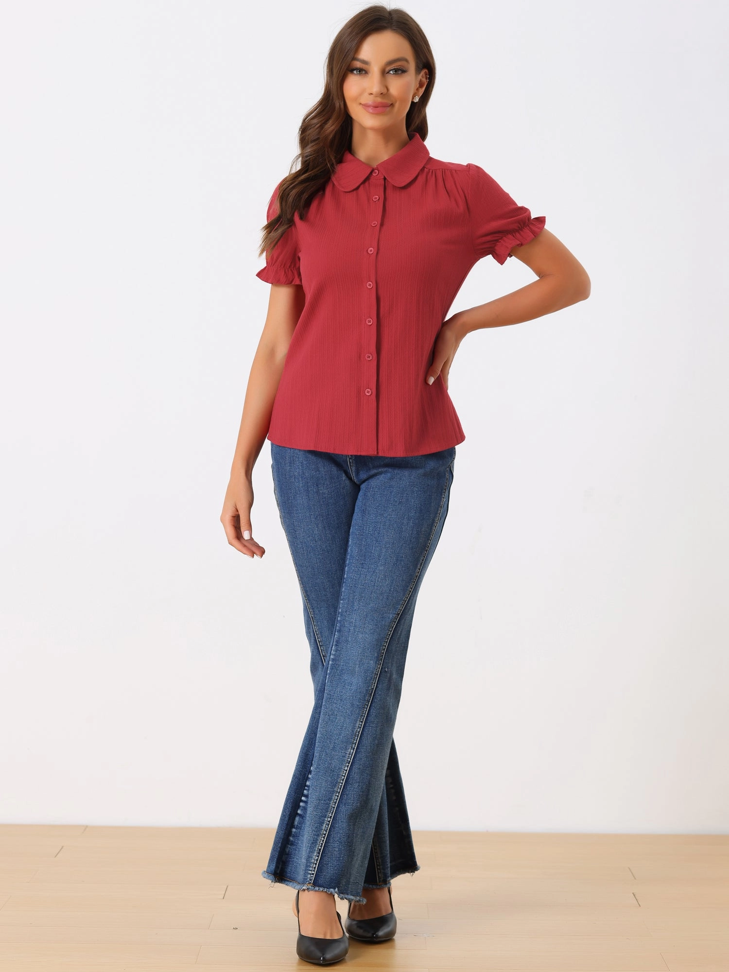 Cotton Frilled Top Turndown Collar Solid Blouse Shirt