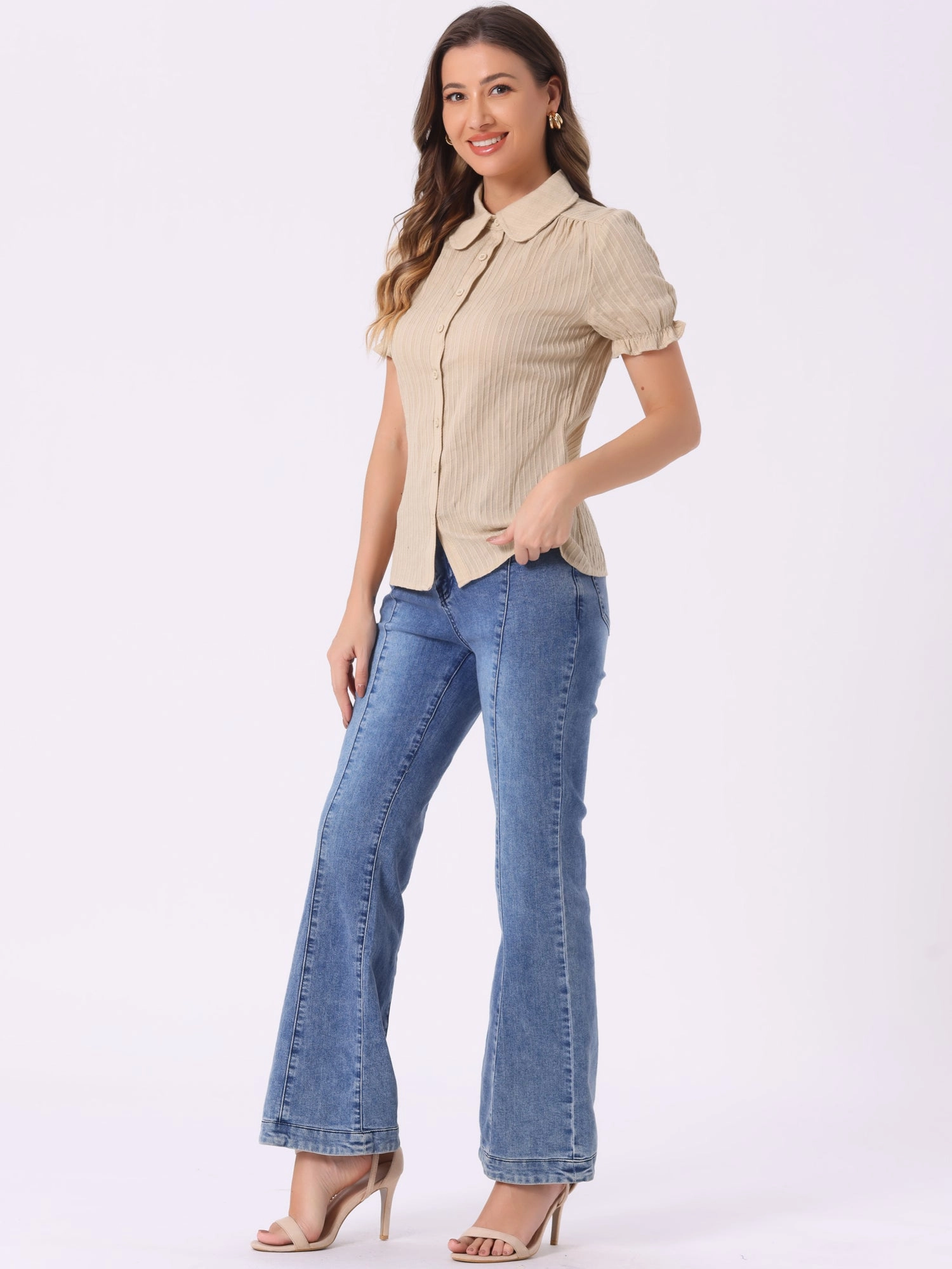 Cotton Frilled Top Turndown Collar Solid Blouse Shirt