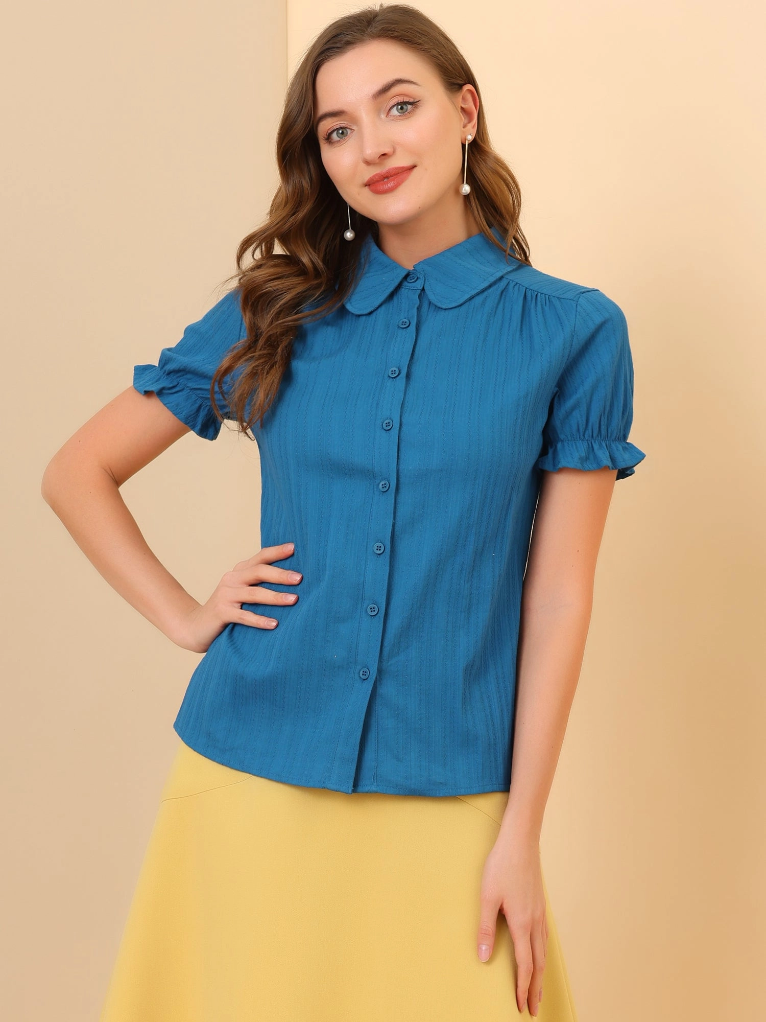 Cotton Frilled Top Turndown Collar Solid Blouse Shirt
