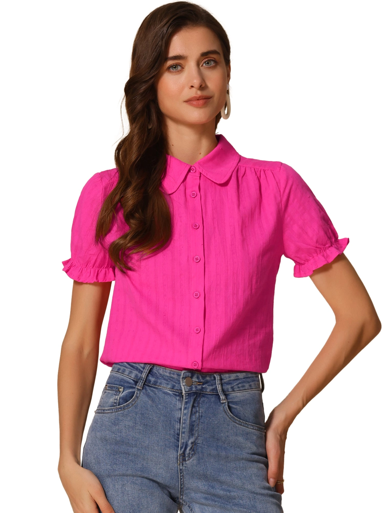 Cotton Frilled Top Turndown Collar Solid Blouse Shirt