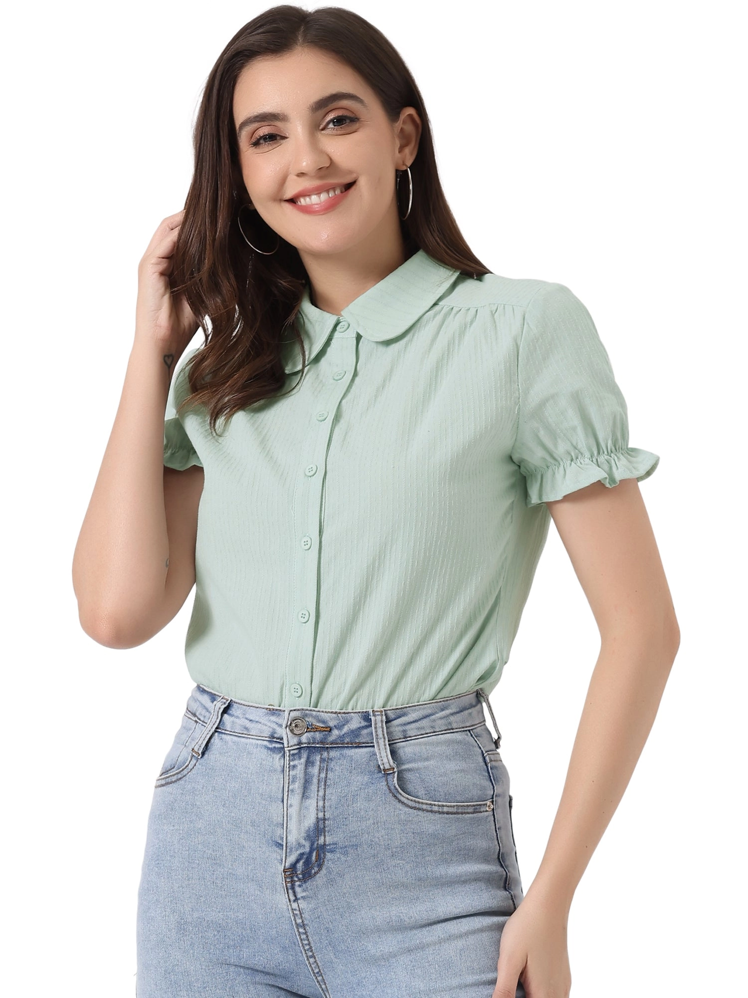 Cotton Frilled Top Turndown Collar Solid Blouse Shirt