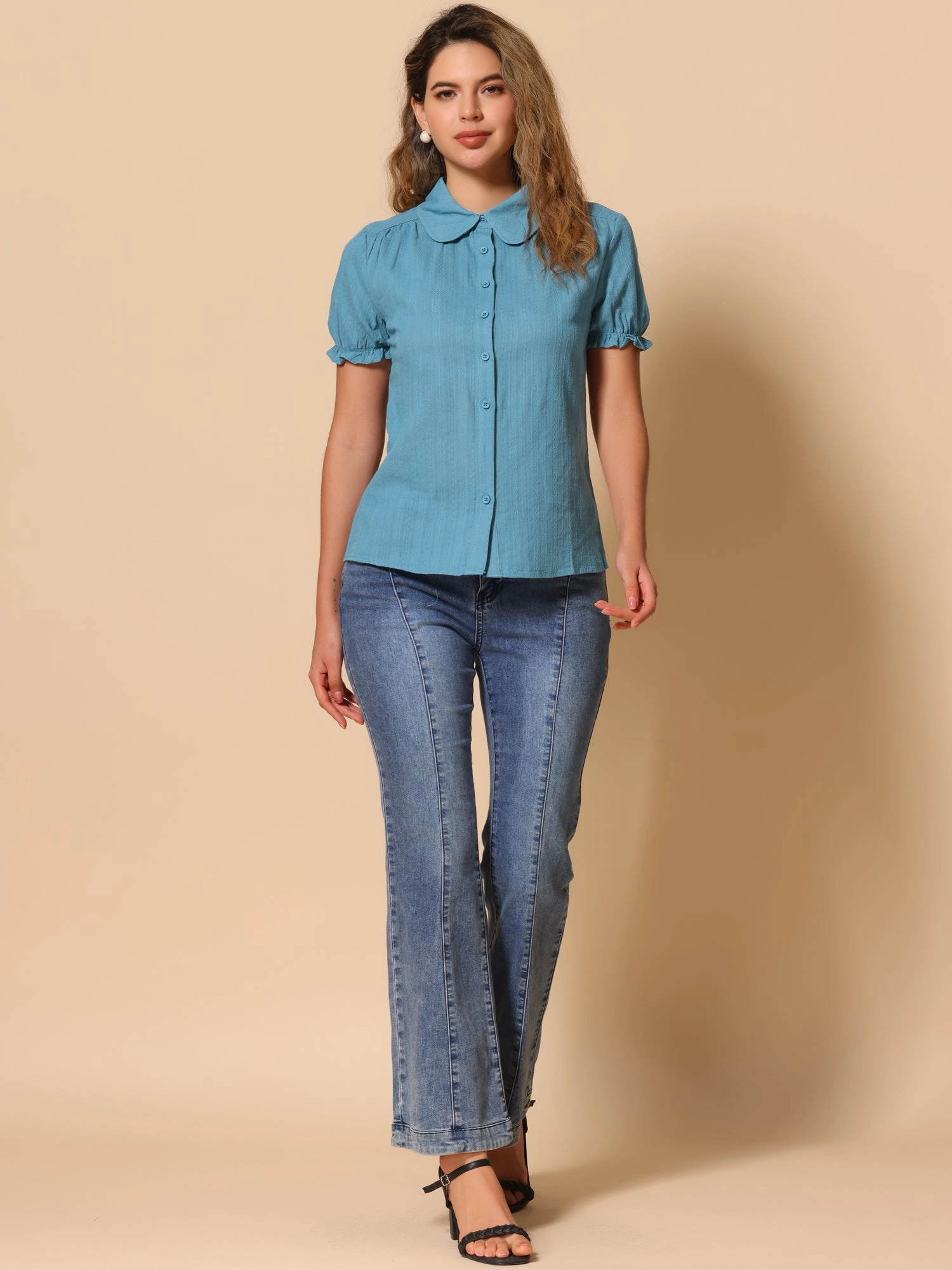 Cotton Frilled Top Turndown Collar Solid Blouse Shirt