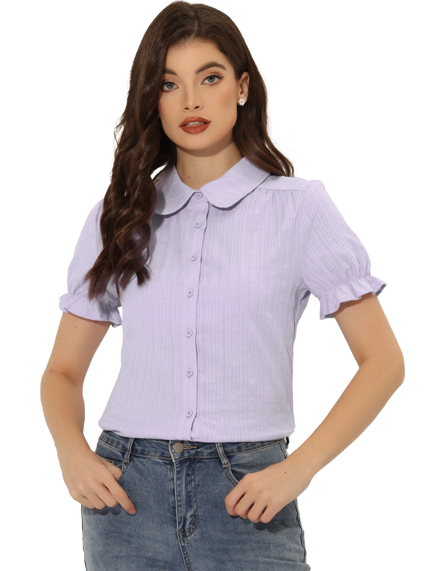 Cotton Frilled Top Turndown Collar Solid Blouse Shirt