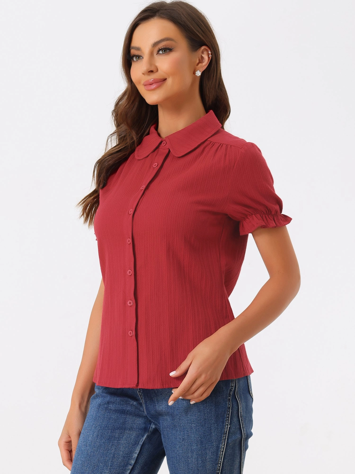 Cotton Frilled Top Turndown Collar Solid Blouse Shirt