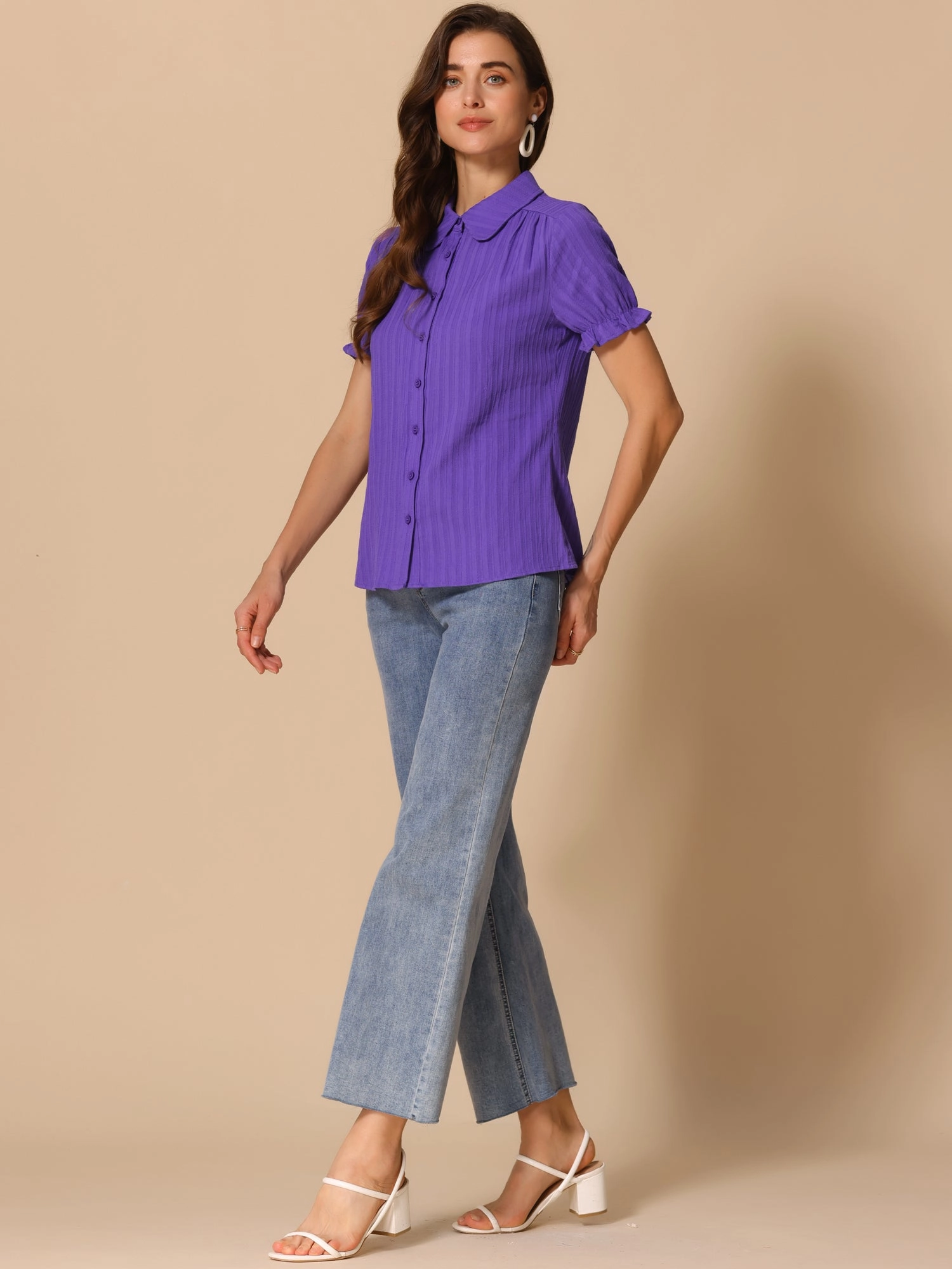 Cotton Frilled Top Turndown Collar Solid Blouse Shirt