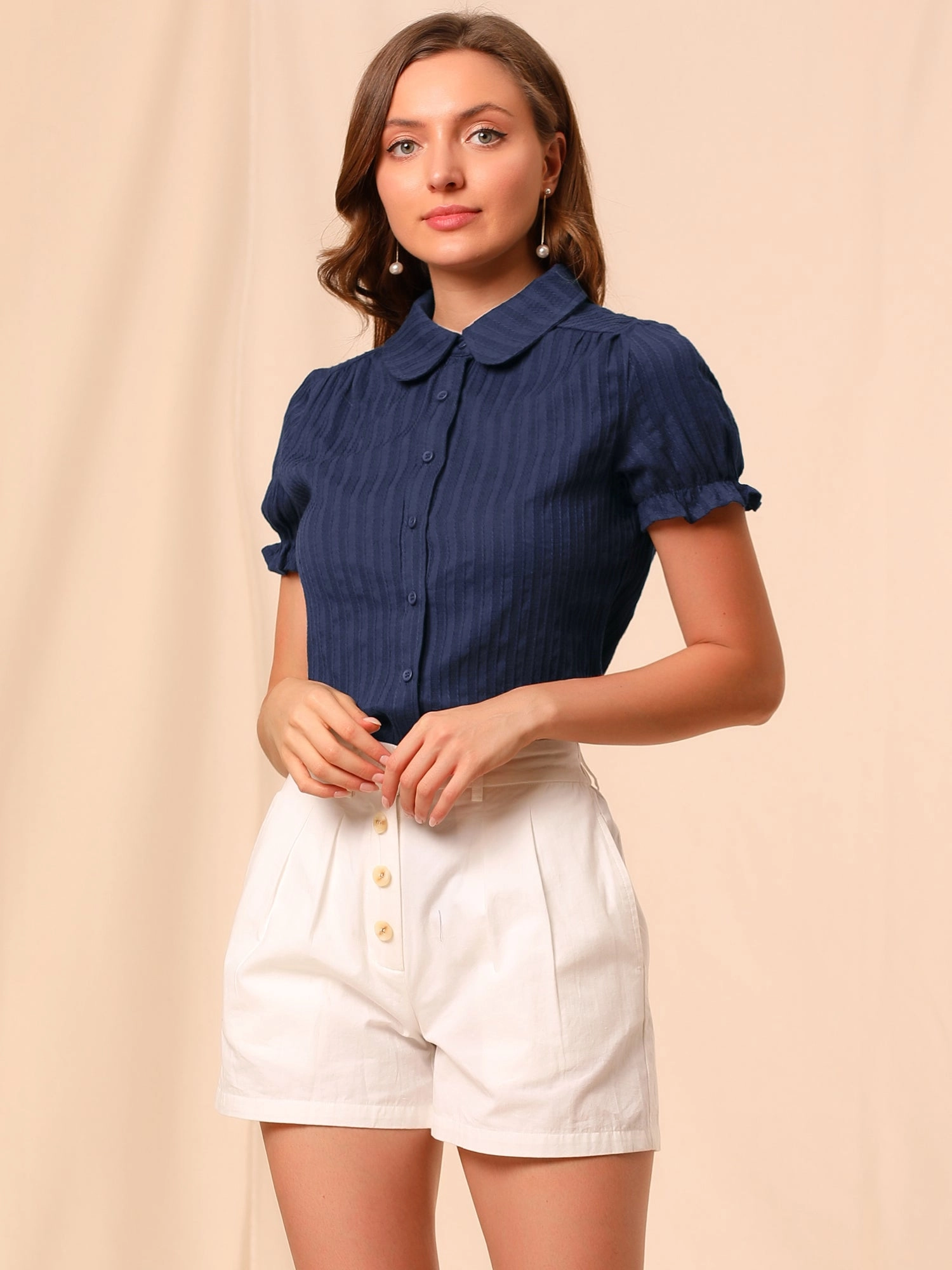 Cotton Frilled Top Turndown Collar Solid Blouse Shirt