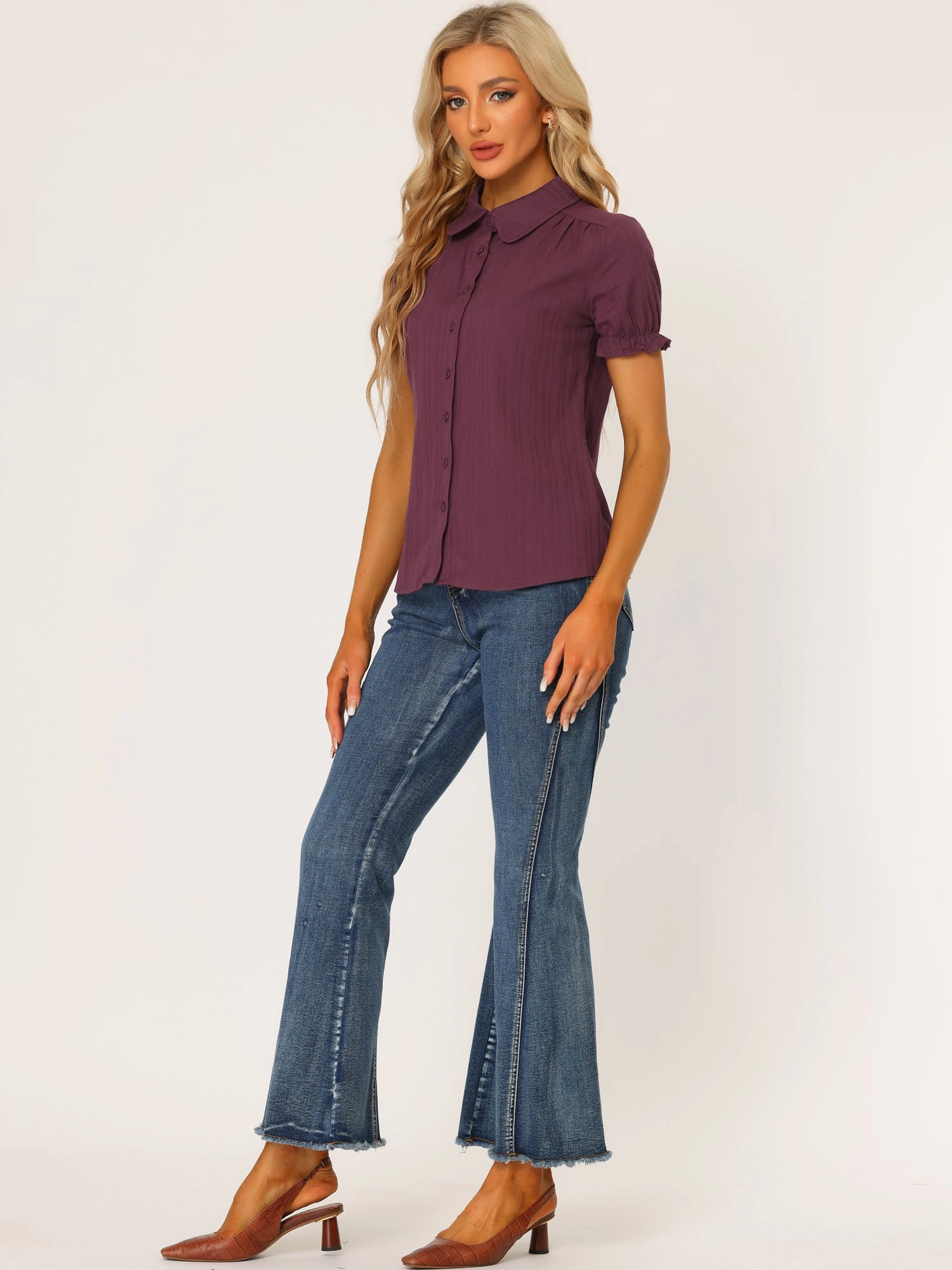 Cotton Frilled Top Turndown Collar Solid Blouse Shirt