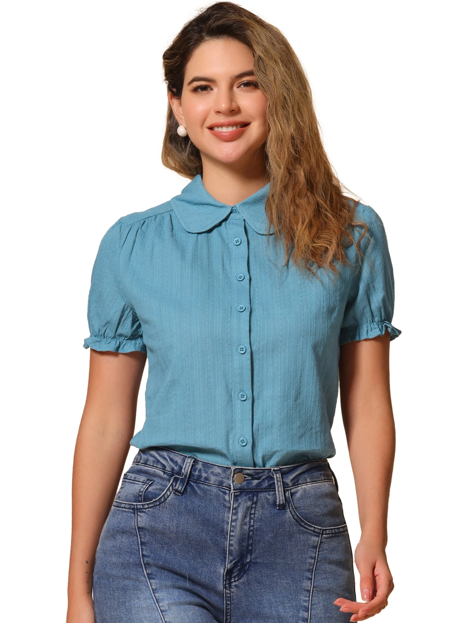 Cotton Frilled Top Turndown Collar Solid Blouse Shirt