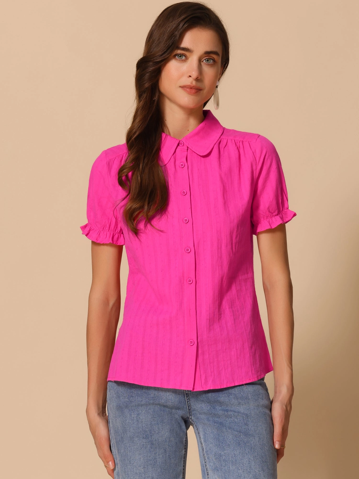 Cotton Frilled Top Turndown Collar Solid Blouse Shirt