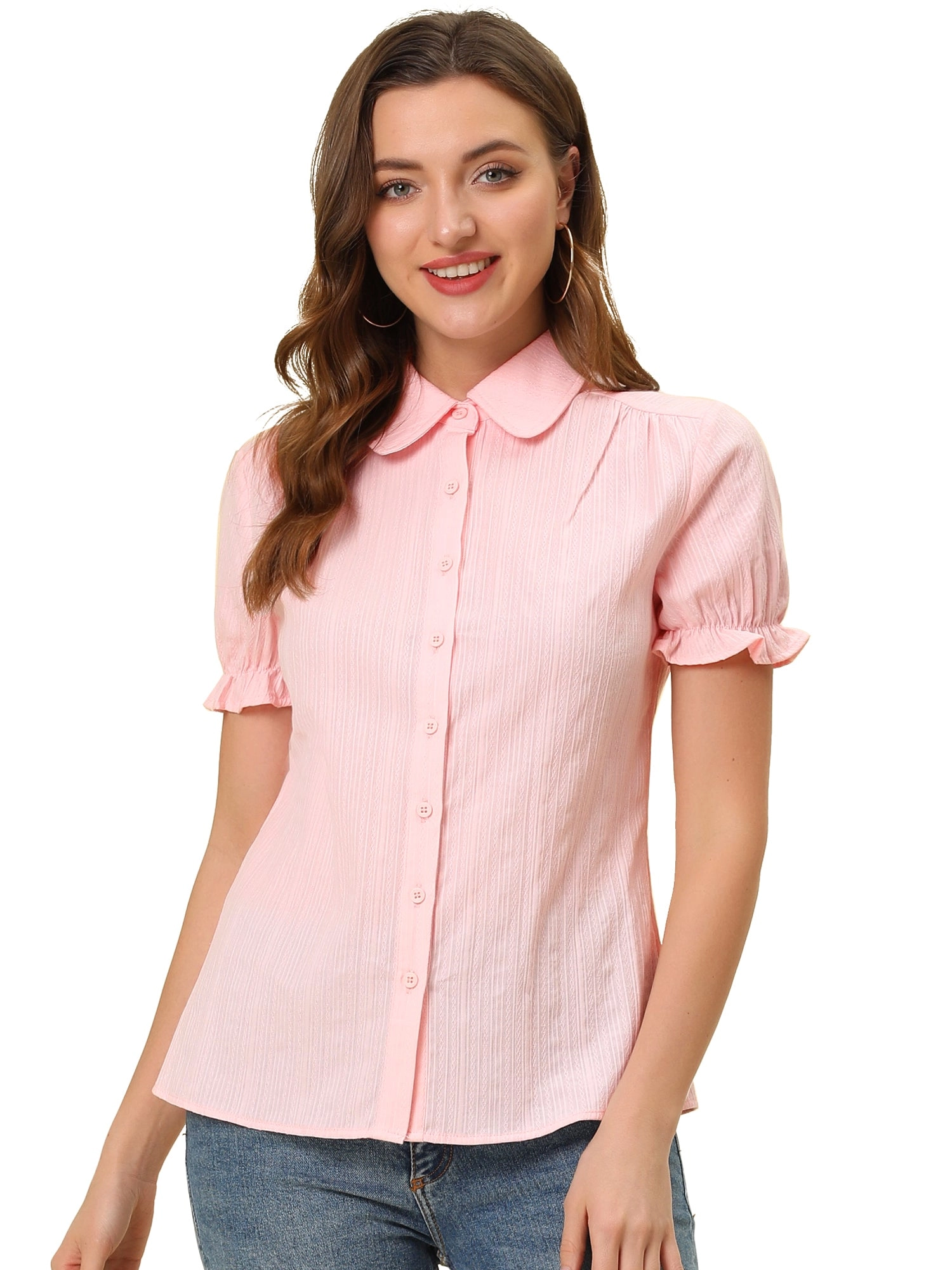 Cotton Frilled Top Turndown Collar Solid Blouse Shirt