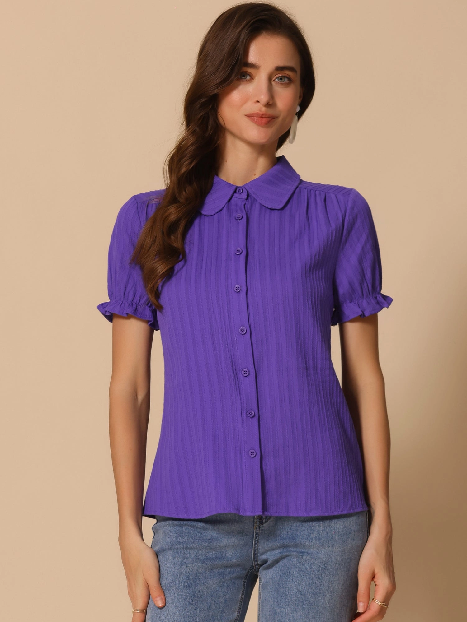 Cotton Frilled Top Turndown Collar Solid Blouse Shirt