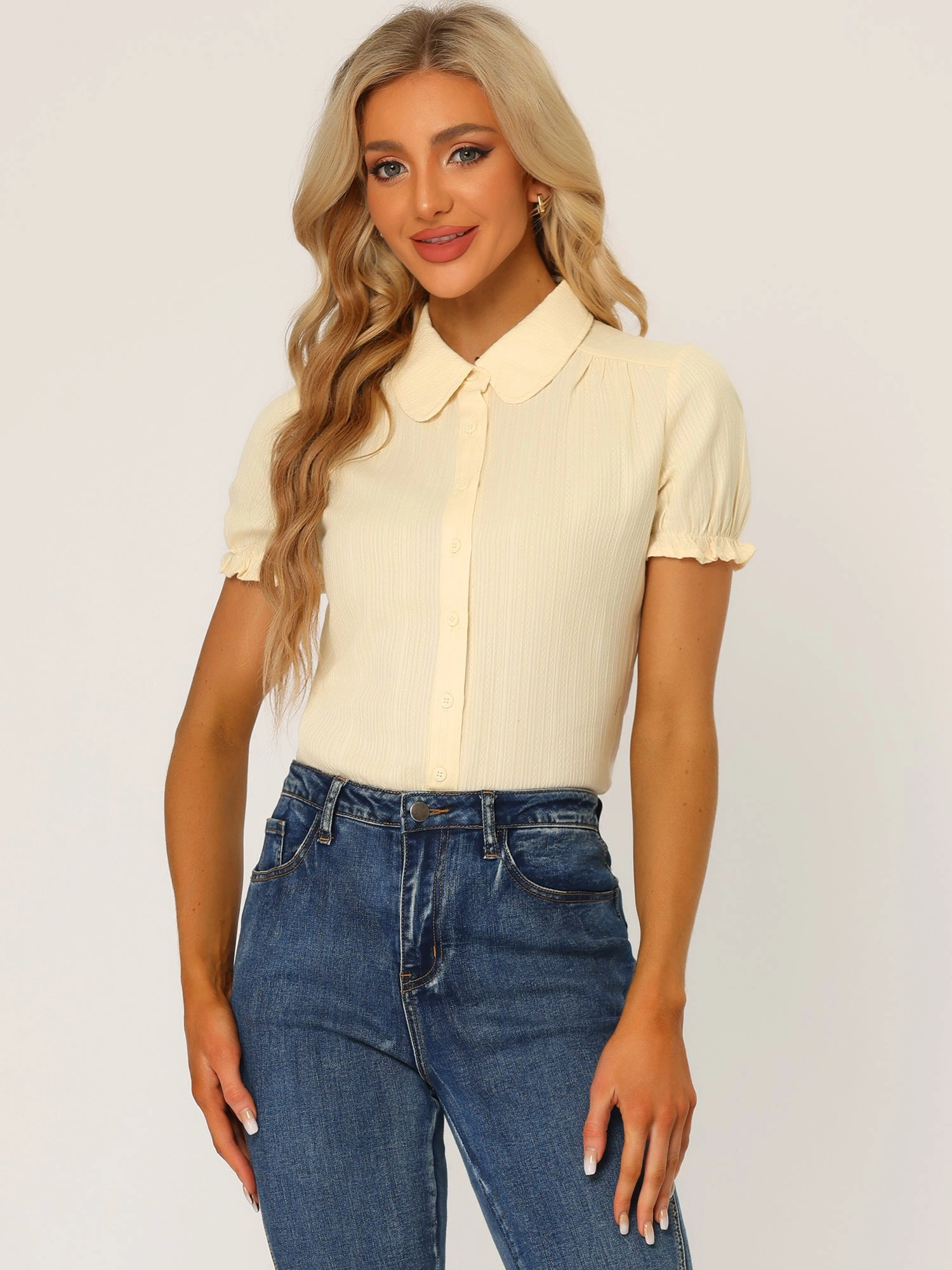 Cotton Frilled Top Turndown Collar Solid Blouse Shirt