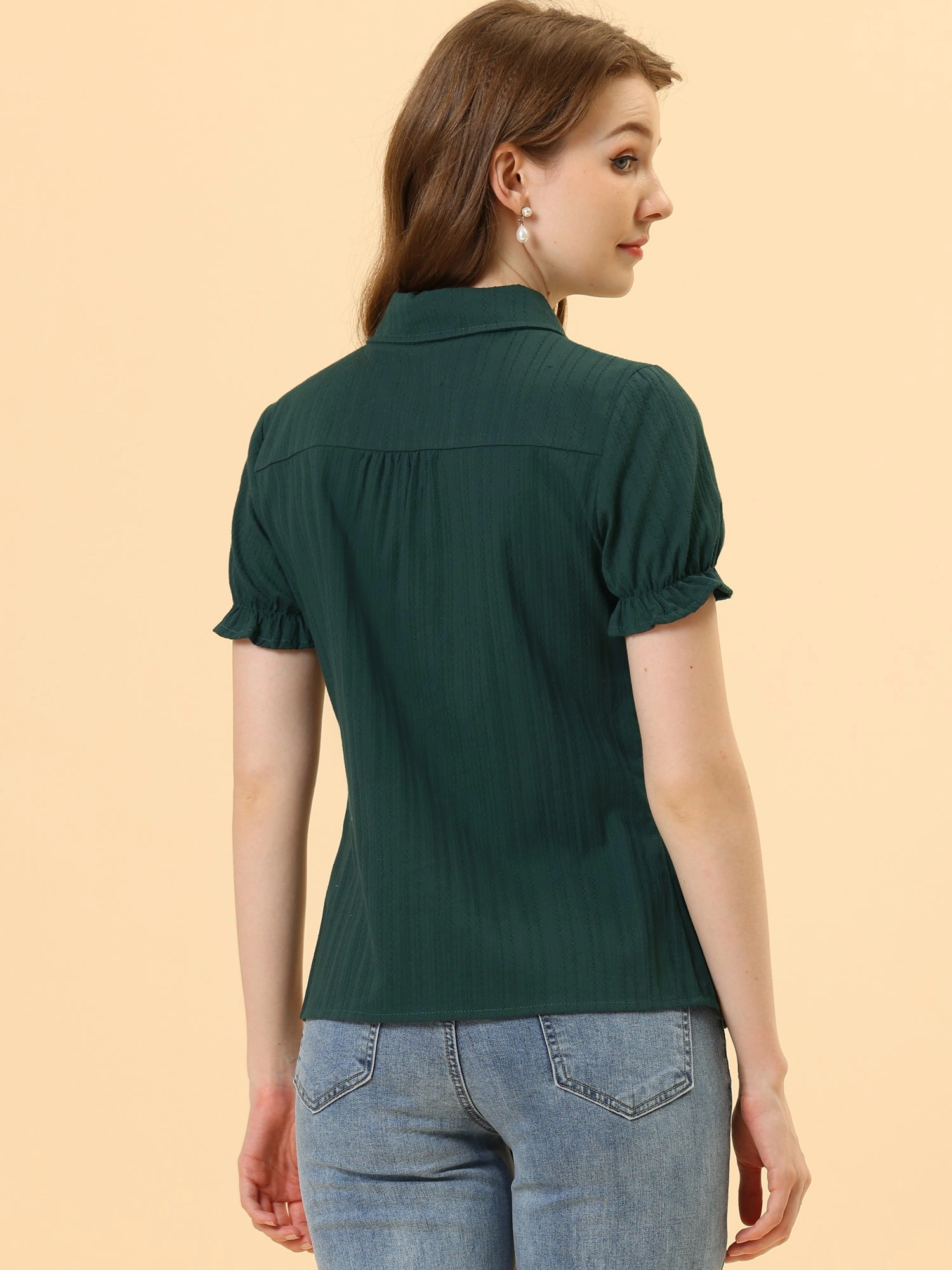 Cotton Frilled Top Turndown Collar Solid Blouse Shirt