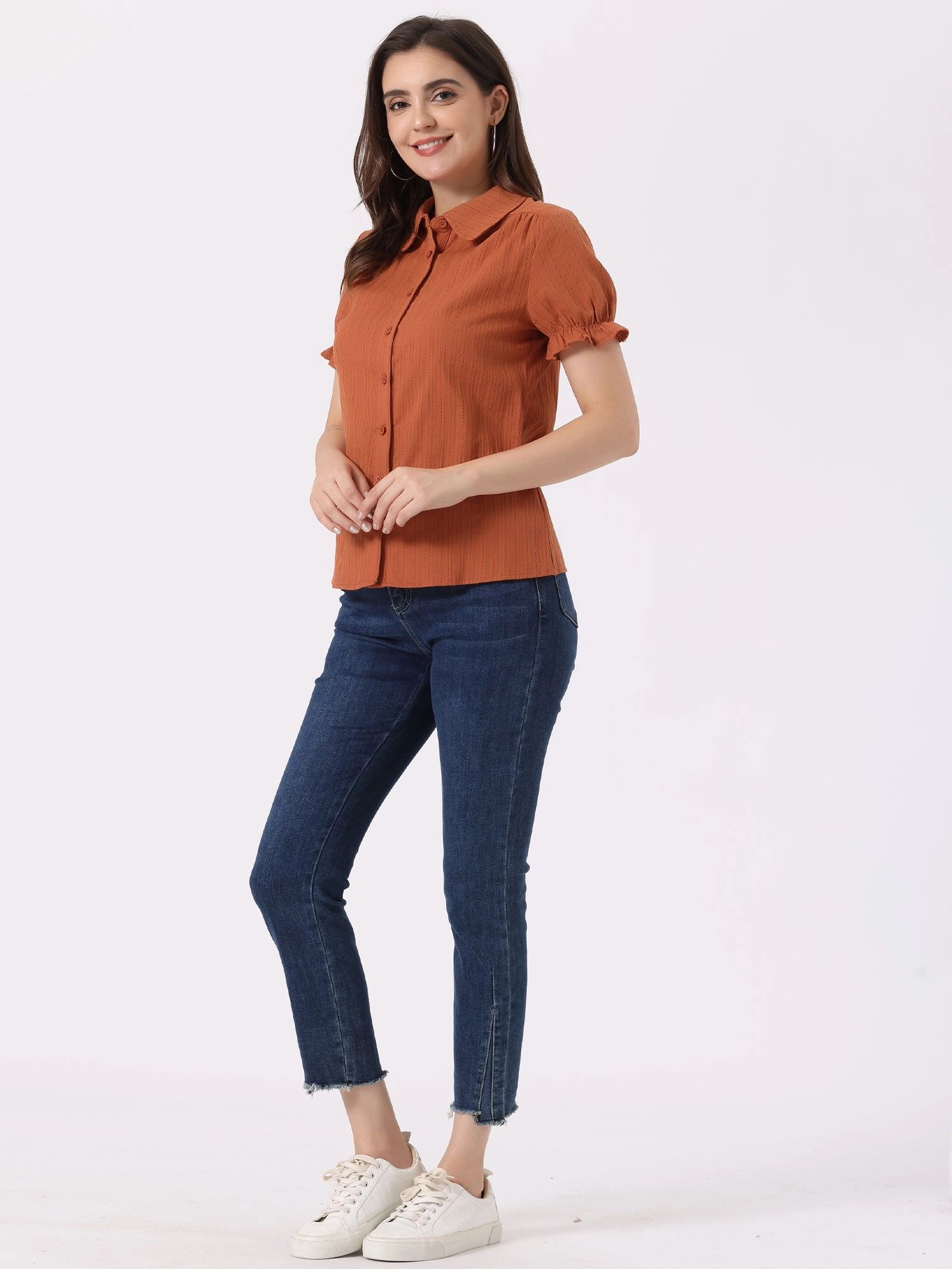 Cotton Frilled Top Turndown Collar Solid Blouse Shirt