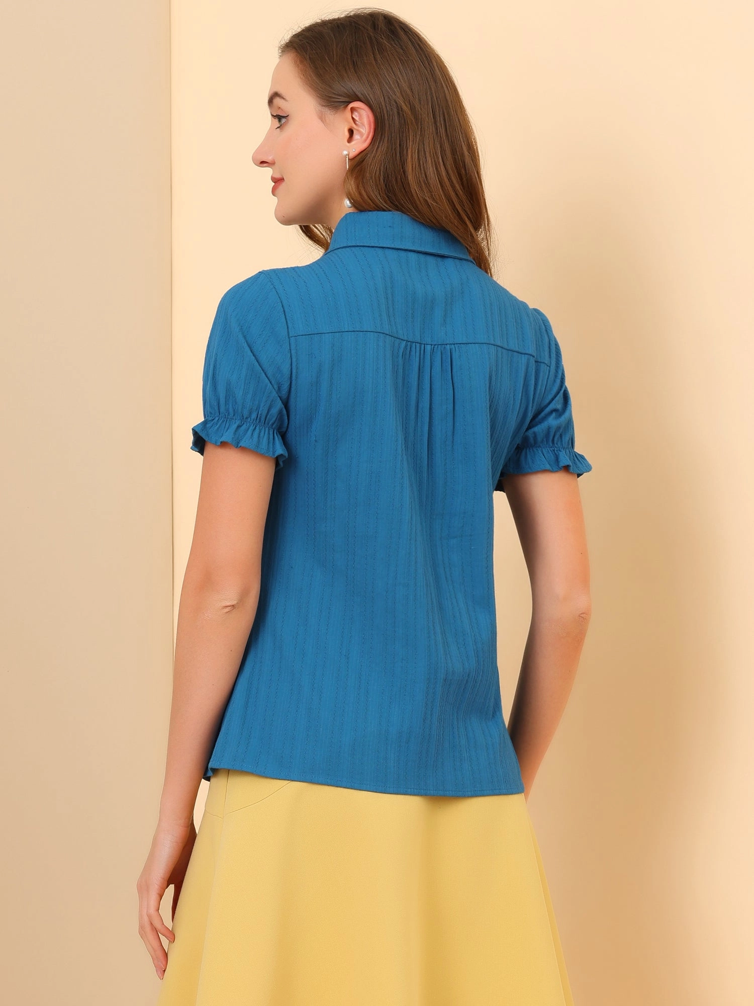 Cotton Frilled Top Turndown Collar Solid Blouse Shirt