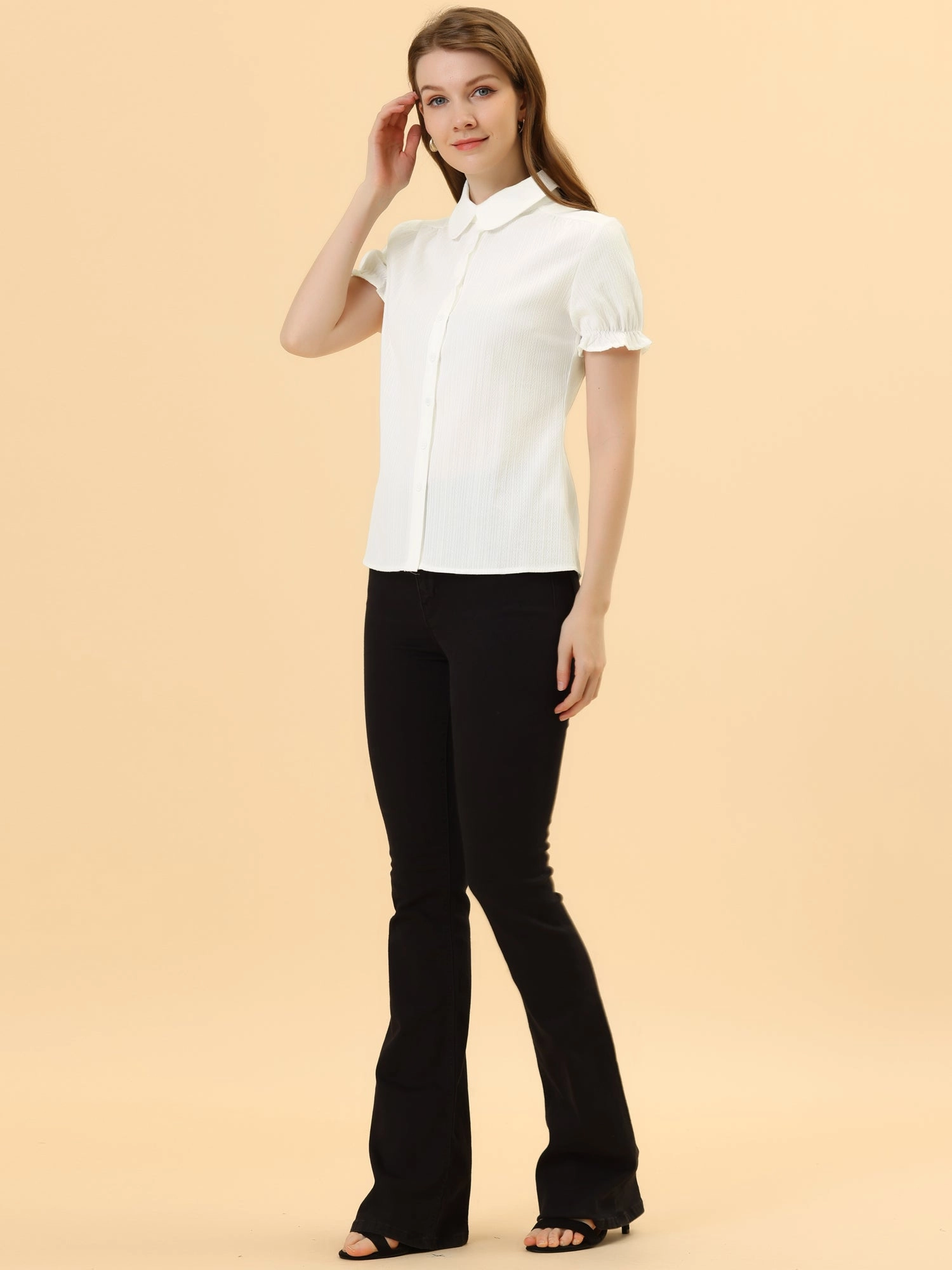 Cotton Frilled Top Turndown Collar Solid Blouse Shirt