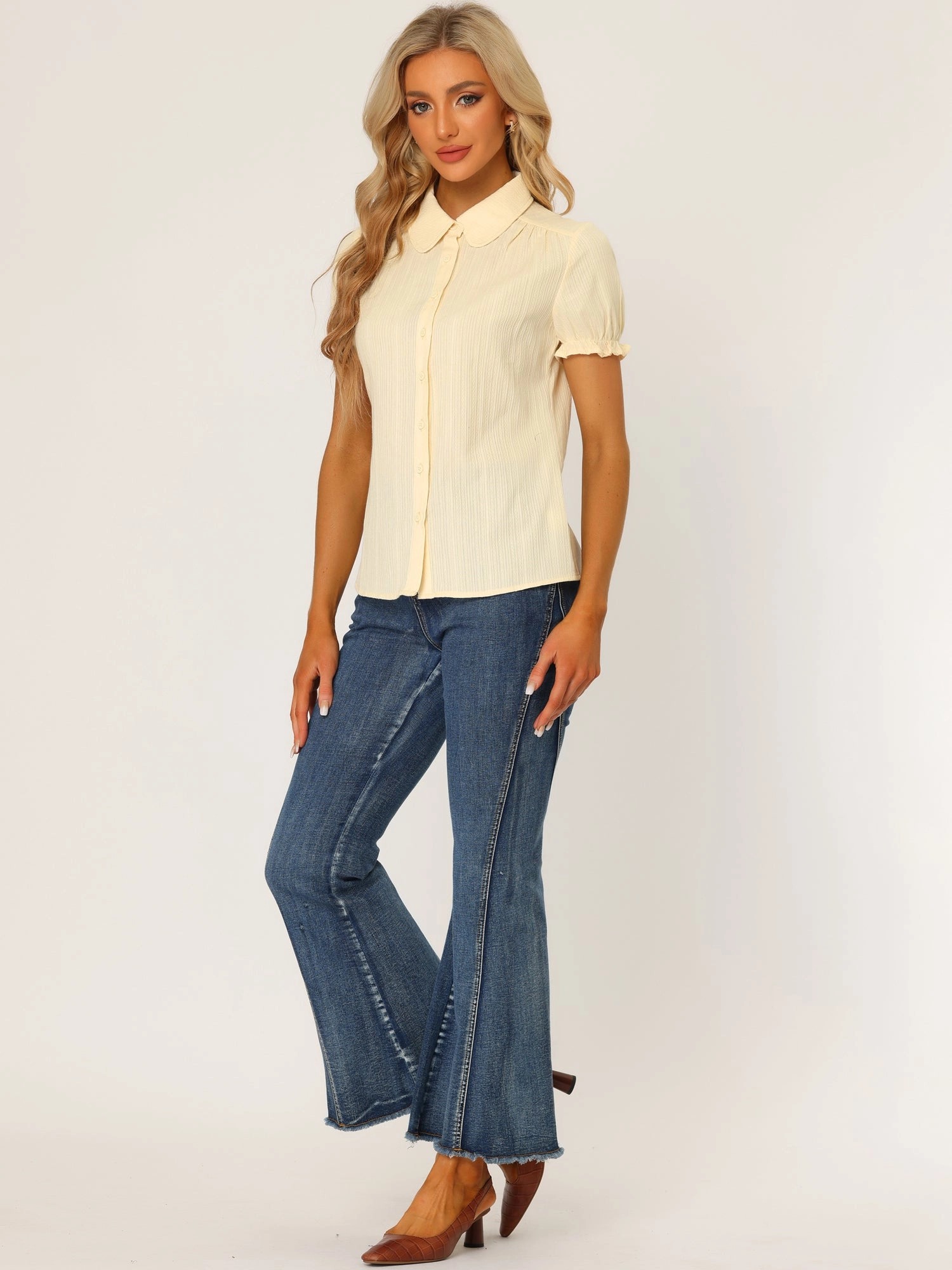 Cotton Frilled Top Turndown Collar Solid Blouse Shirt