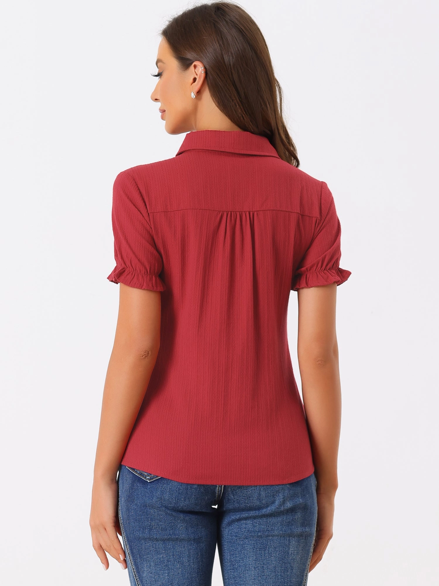 Cotton Frilled Top Turndown Collar Solid Blouse Shirt