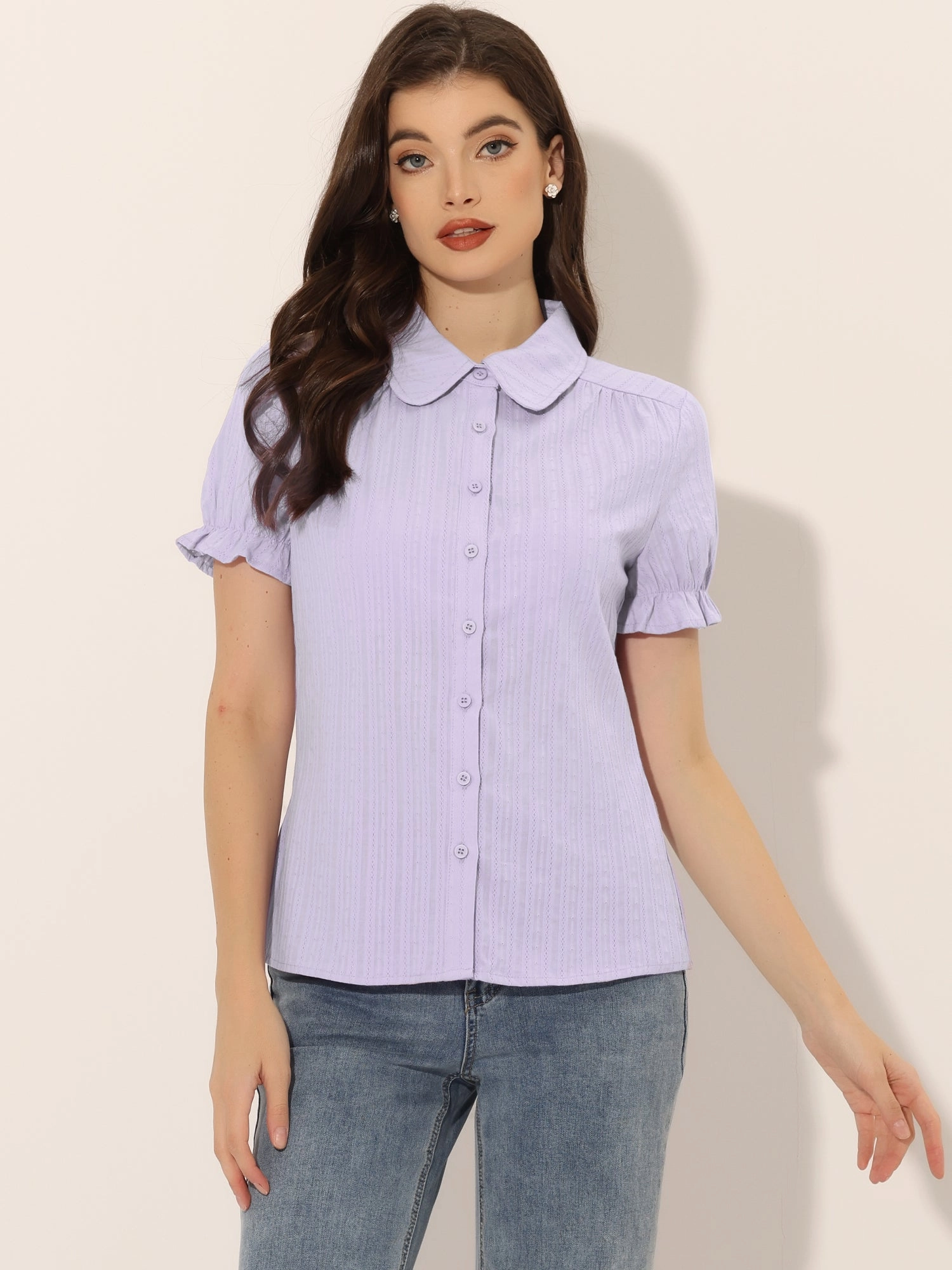 Cotton Frilled Top Turndown Collar Solid Blouse Shirt