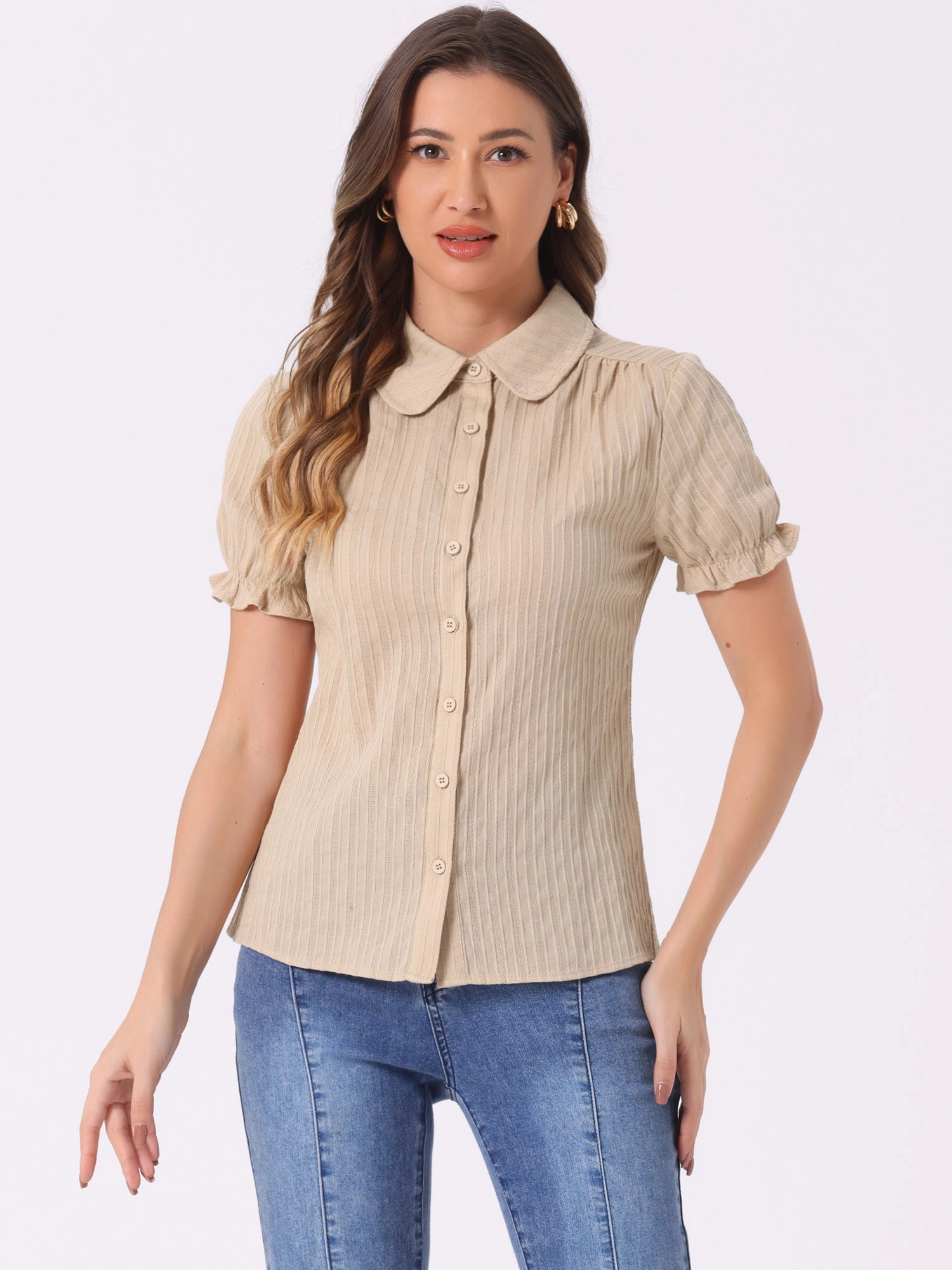 Cotton Frilled Top Turndown Collar Solid Blouse Shirt