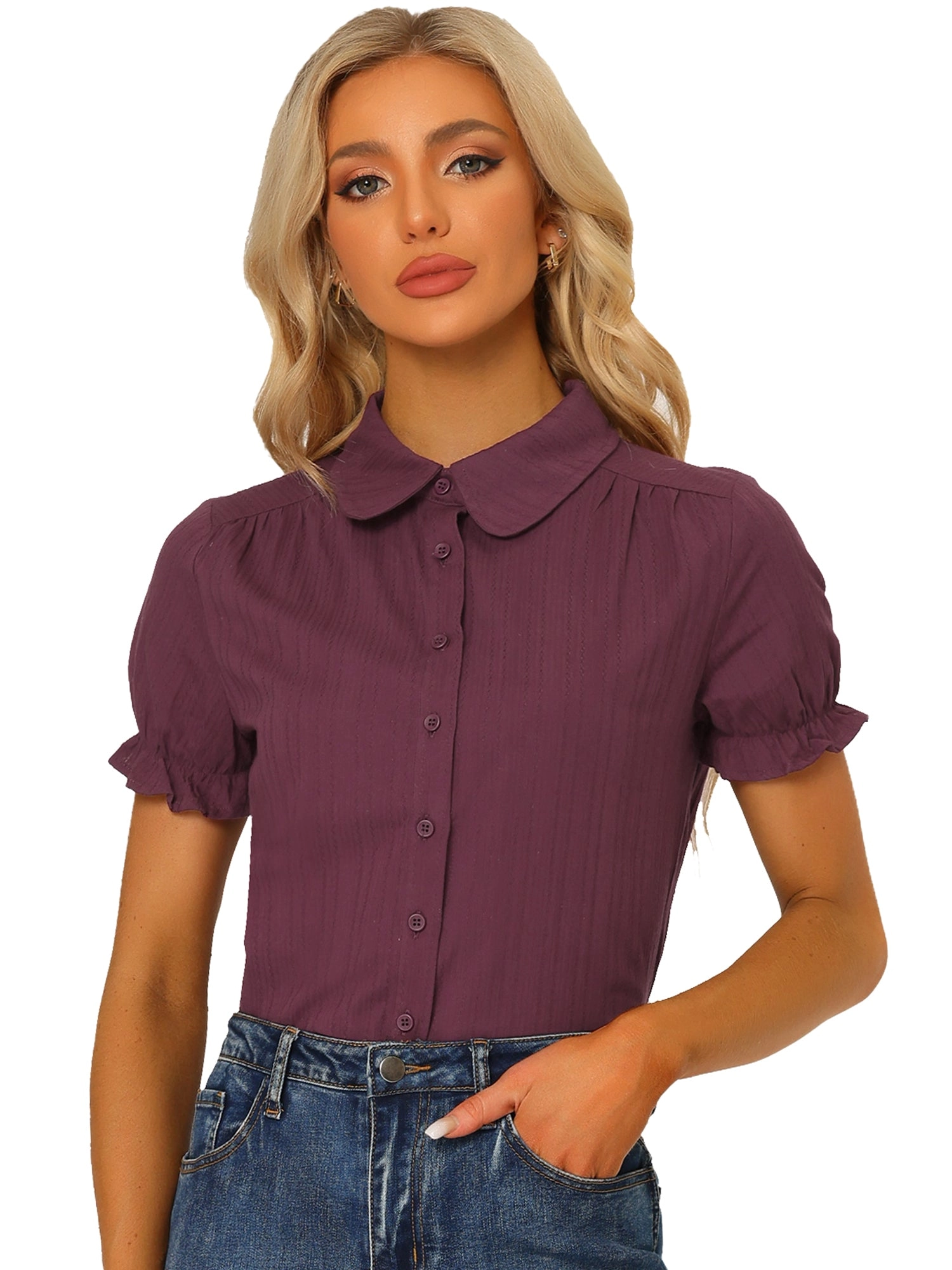 Cotton Frilled Top Turndown Collar Solid Blouse Shirt