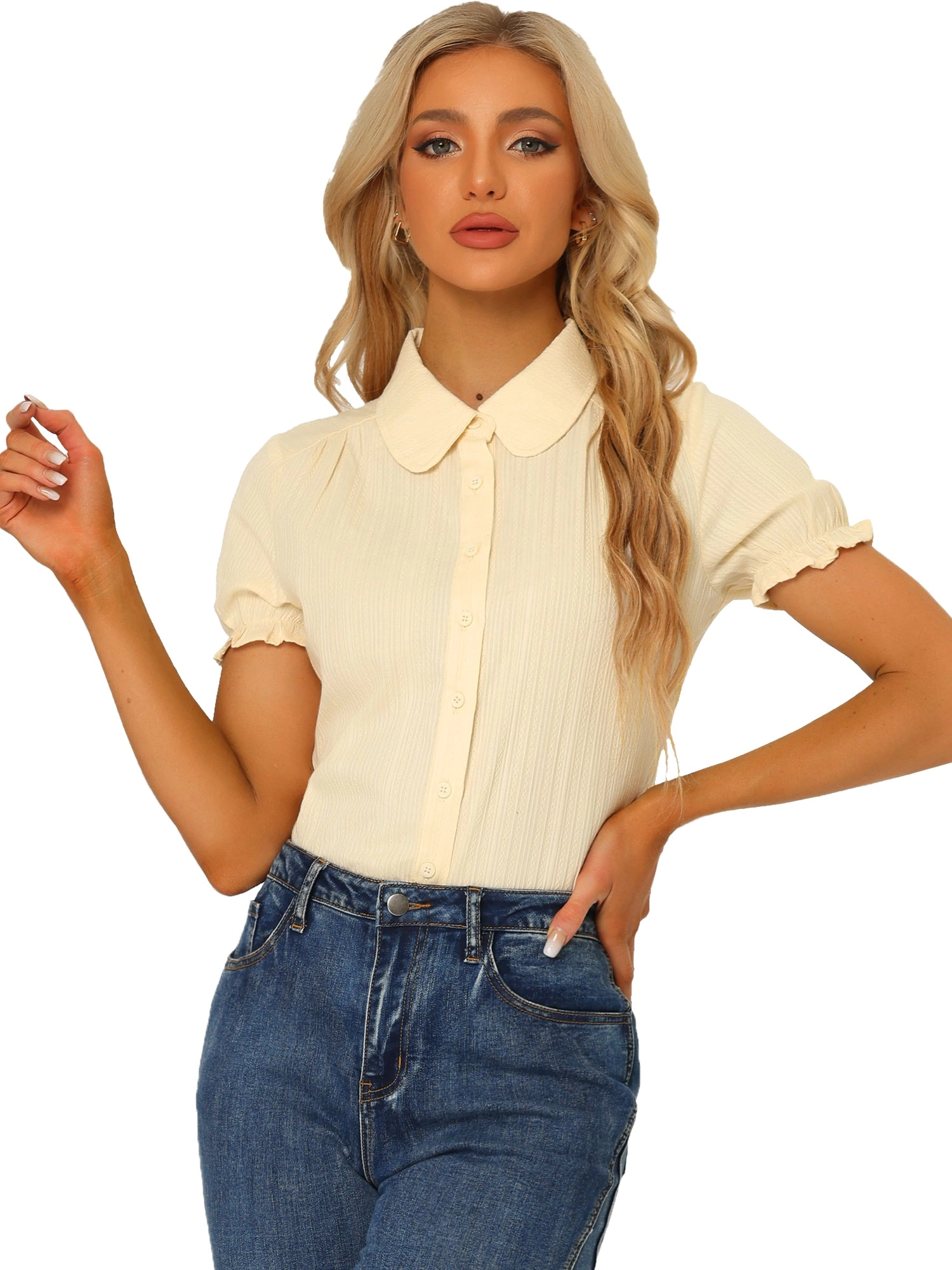 Cotton Frilled Top Turndown Collar Solid Blouse Shirt