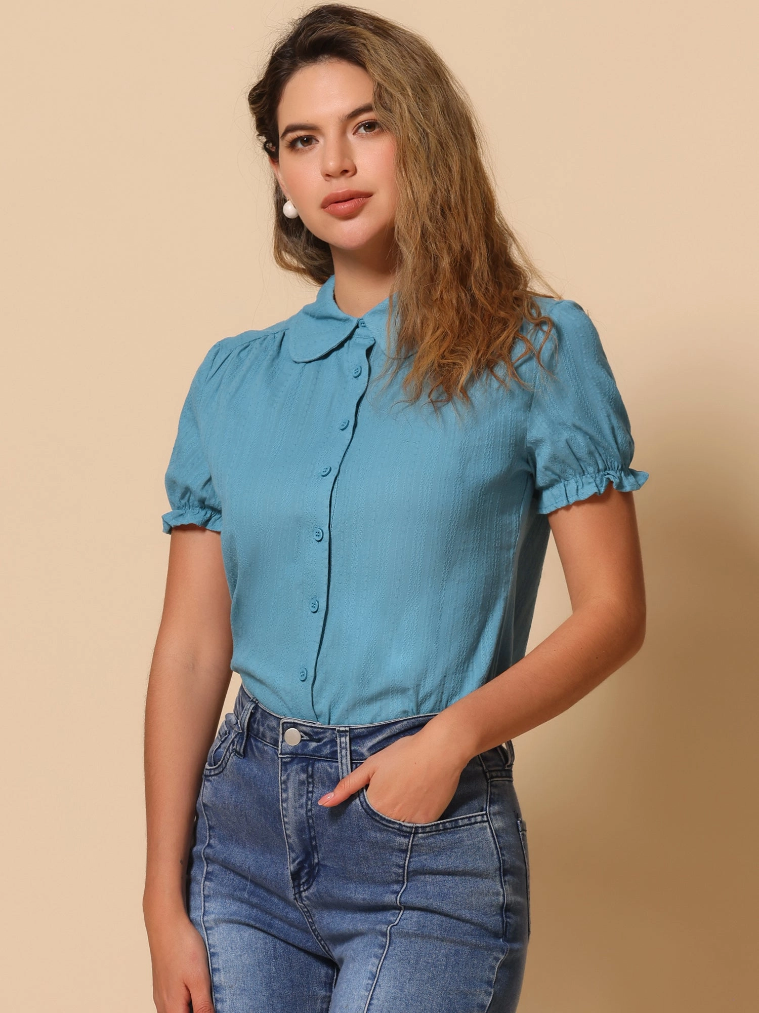 Cotton Frilled Top Turndown Collar Solid Blouse Shirt