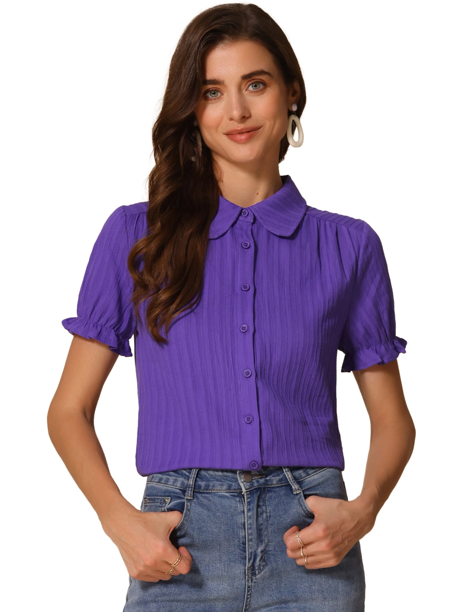 Cotton Frilled Top Turndown Collar Solid Blouse Shirt