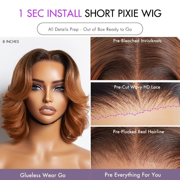 Exclusive Sale | 1 SEC INSTALL WIG | Elegant Boss Vibe Short Pixie Cut Natural Black / Ombre Brown Glueless Minimalist HD Lace Wig Ready to Go