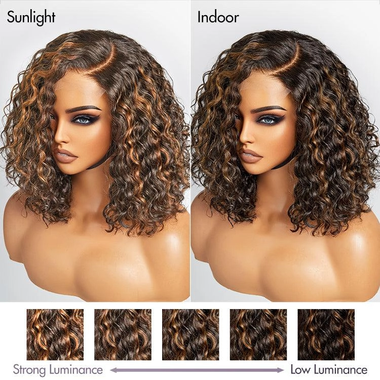 Exclusive Sale | Casual Blonde Highlights Curly Minimalist HD Lace Glueless C Part Short Wig 100% Human Hair