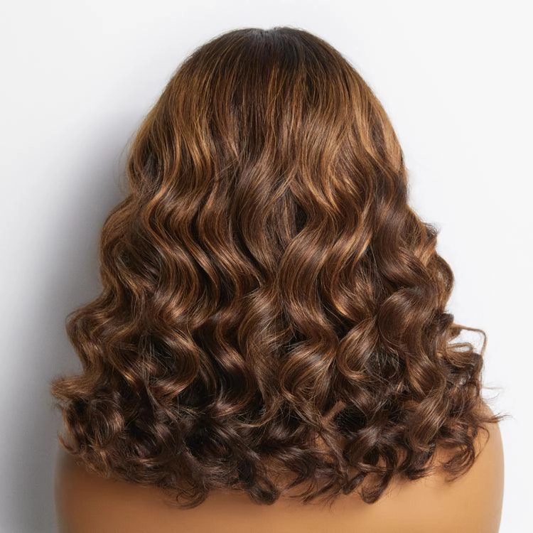 Exclusive Sale | Elegant Brown Ombre Loose Wave Minimalist HD Lace Glueless Short Wig 100% Human Hair
