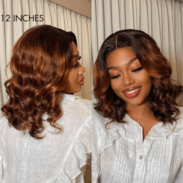 Exclusive Sale | Elegant Brown Ombre Loose Wave Minimalist HD Lace Glueless Short Wig 100% Human Hair