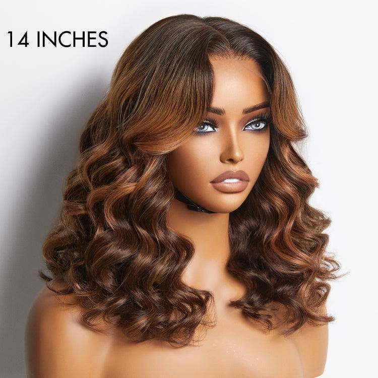 Exclusive Sale | Elegant Brown Ombre Loose Wave Minimalist HD Lace Glueless Short Wig 100% Human Hair