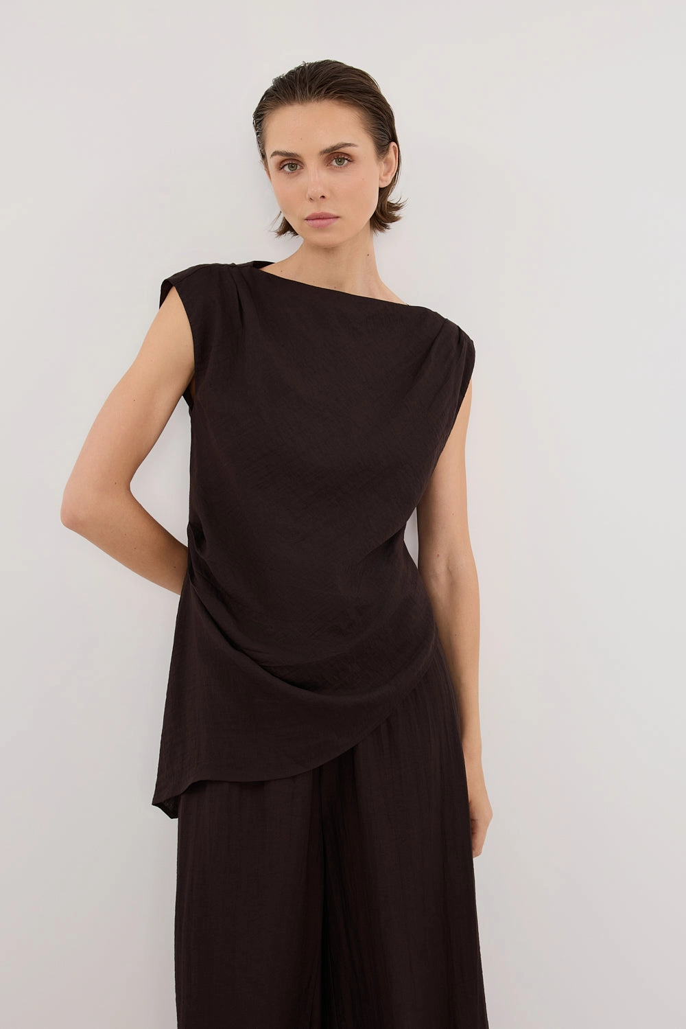 SHYLA BITTER CHOC ASYMMETRICAL TOP