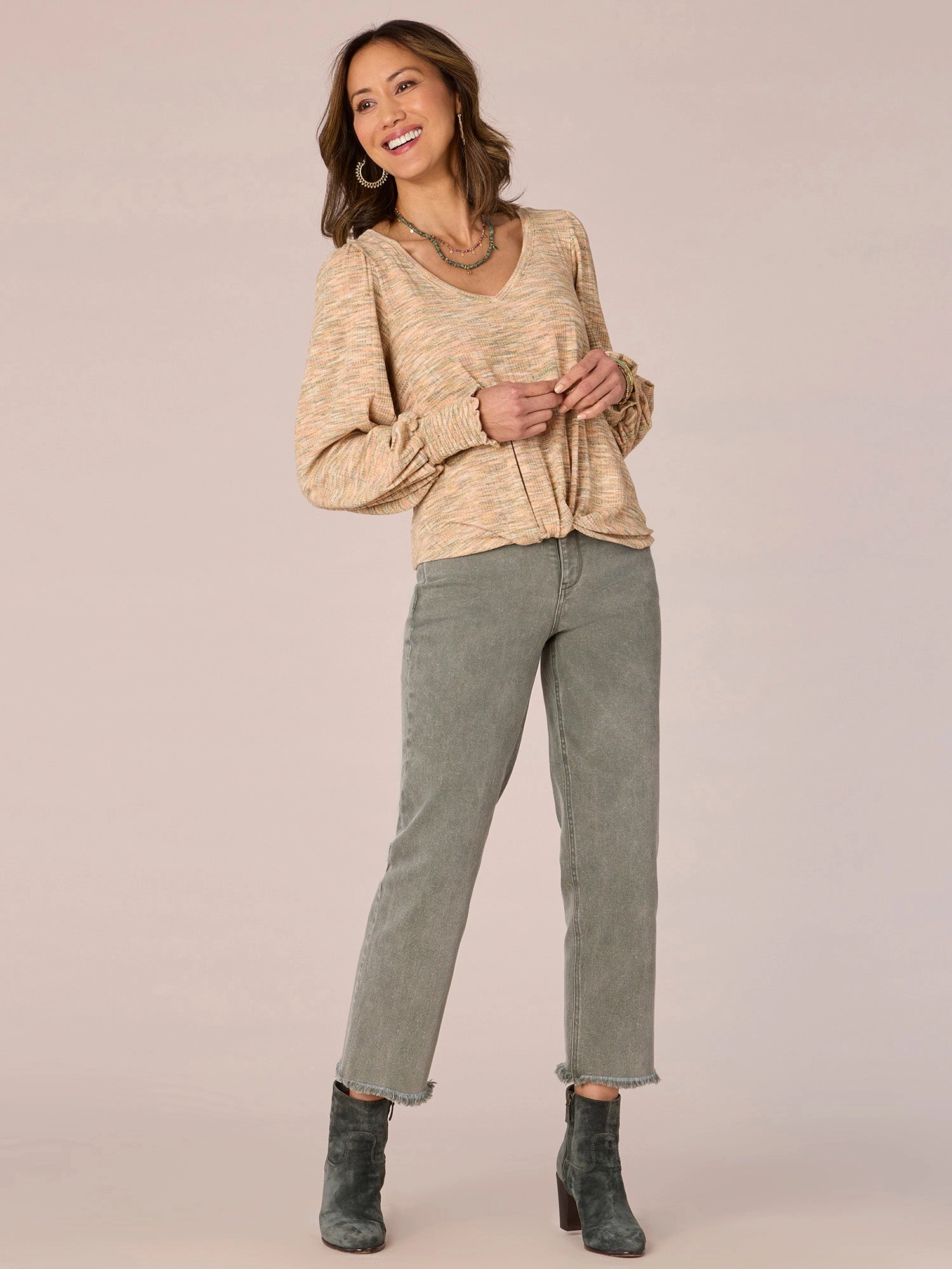 Smocked Blouson Sleeve V-Neck Twist Hem Space Dye Petite Knit Top