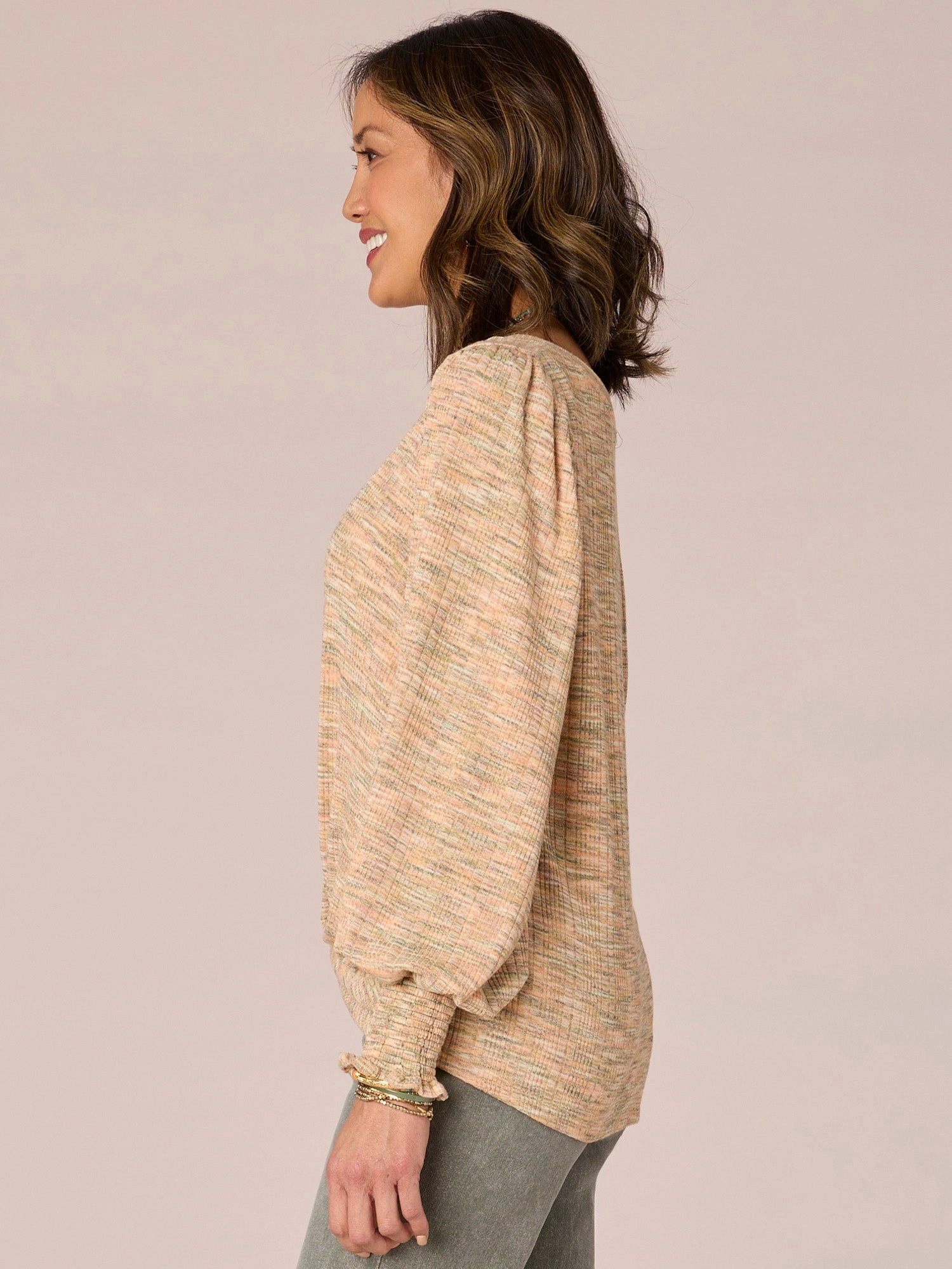 Smocked Blouson Sleeve V-Neck Twist Hem Space Dye Petite Knit Top