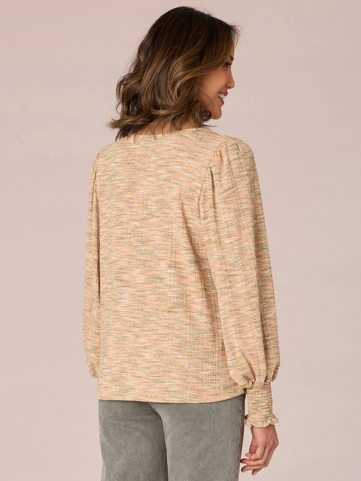 Smocked Blouson Sleeve V-Neck Twist Hem Space Dye Petite Knit Top