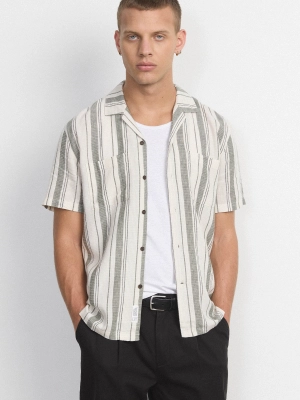 The Striped Camp Collar Shirt in Olive Green