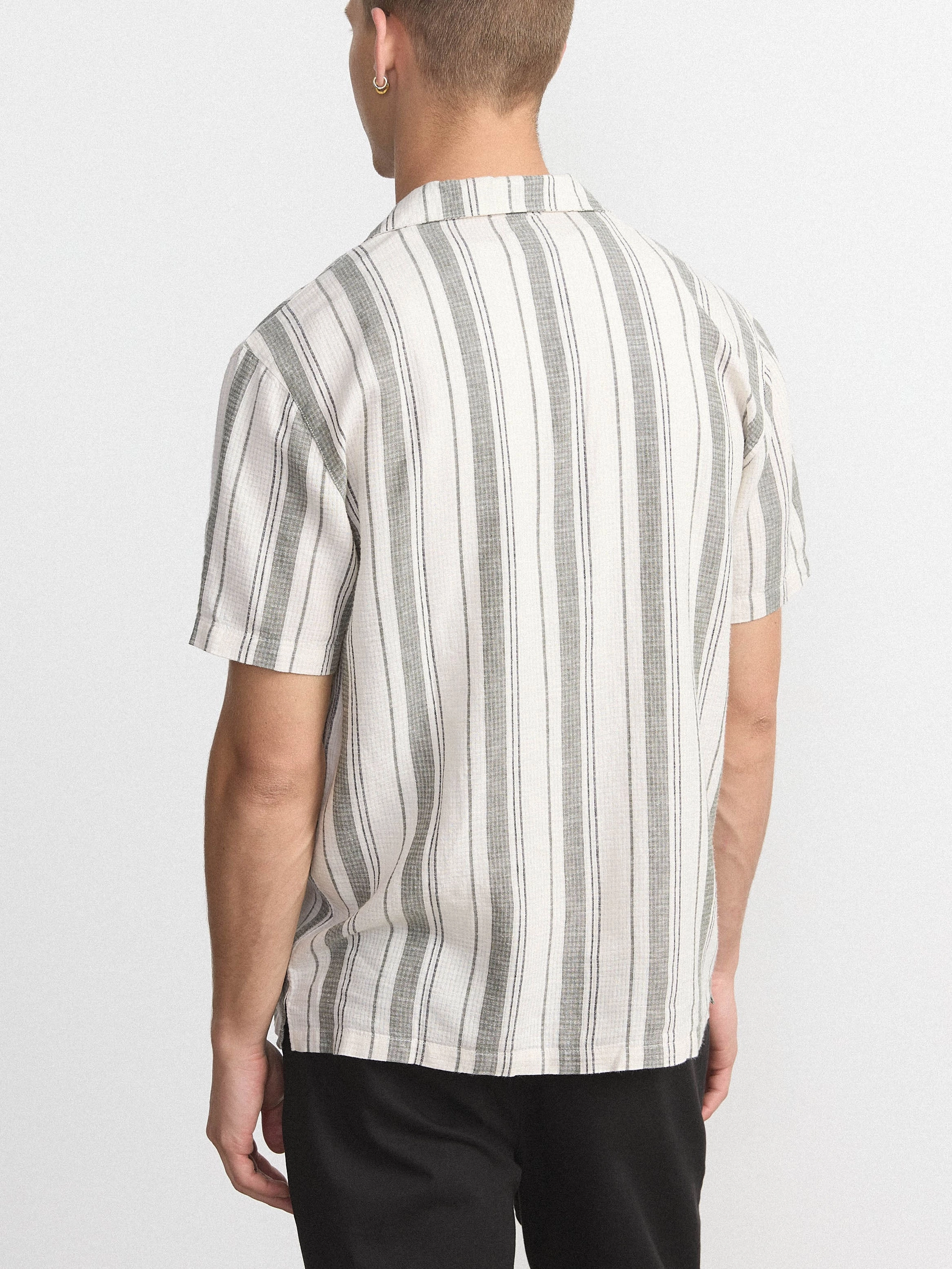 The Striped Camp Collar Shirt in Olive Green
