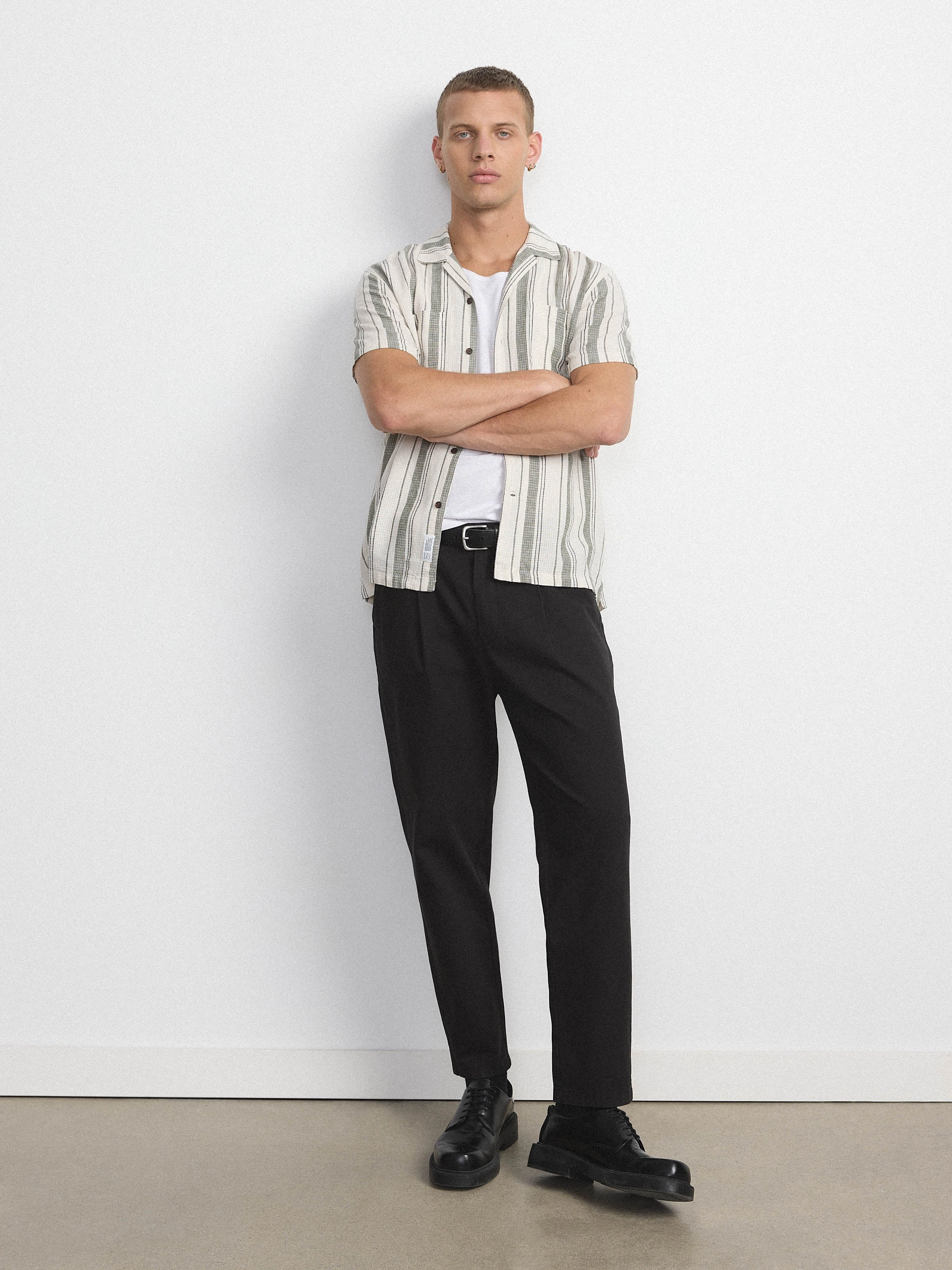 The Striped Camp Collar Shirt in Olive Green