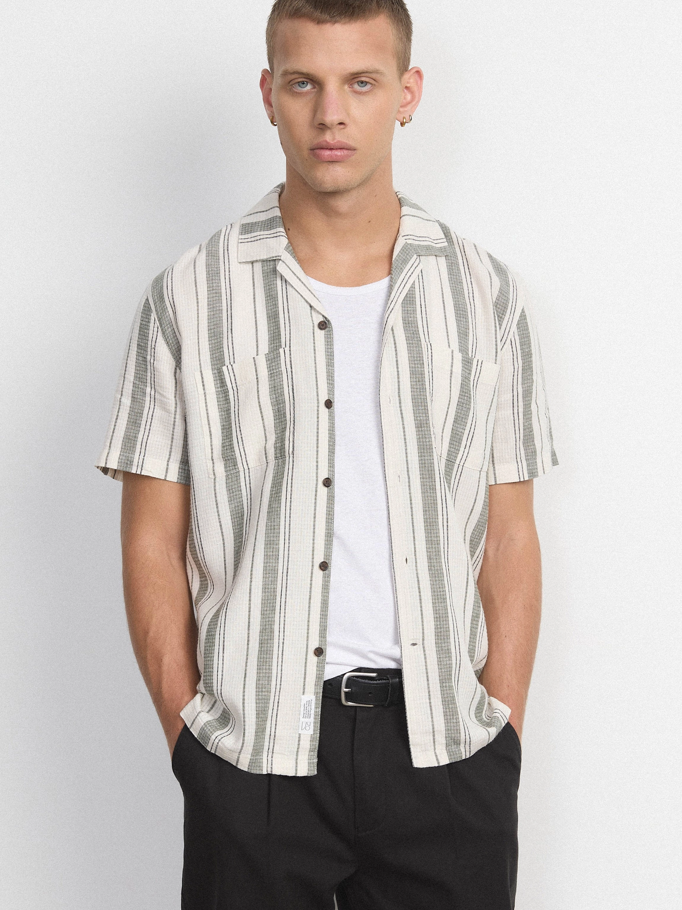 The Striped Camp Collar Shirt in Olive Green