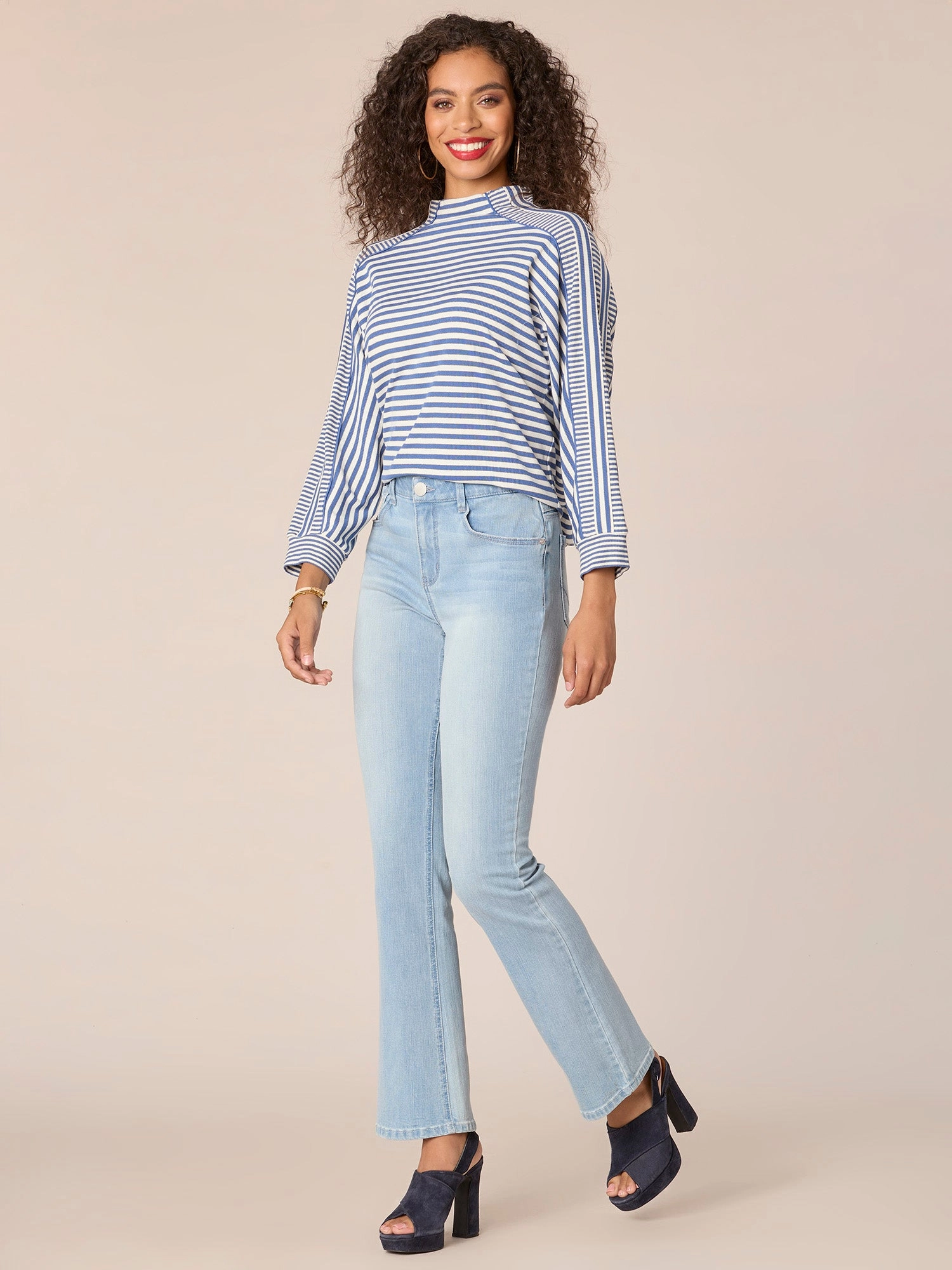 Three Quarter Dolman Sleeve Mock Neck Stripe Blocked Print Knit Top
