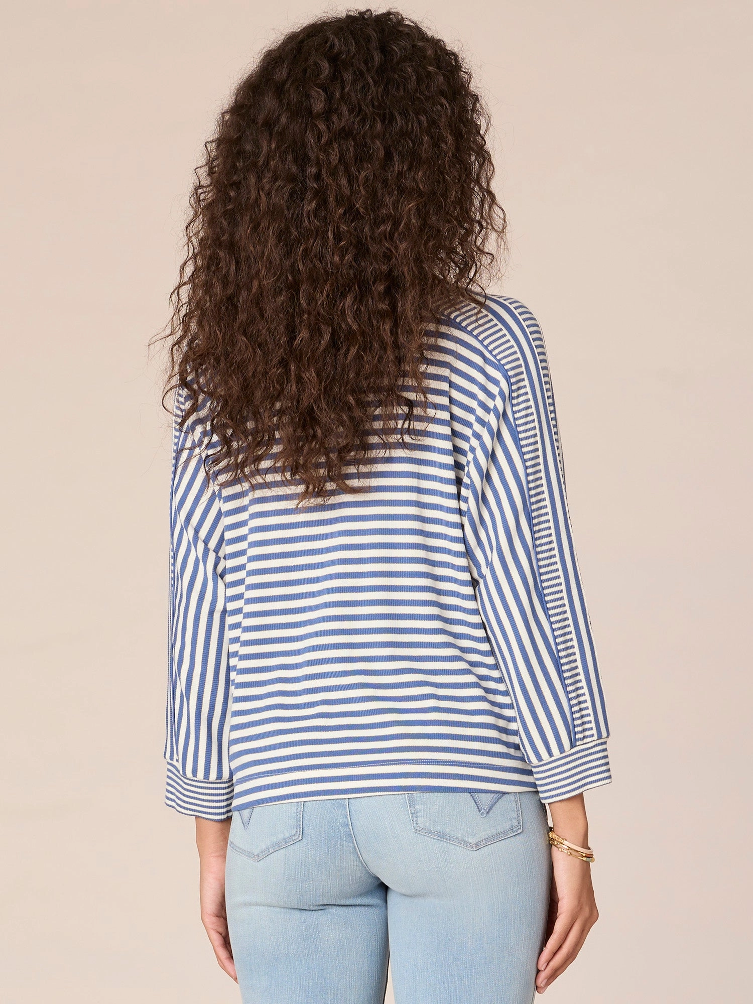 Three Quarter Dolman Sleeve Mock Neck Stripe Blocked Print Knit Top