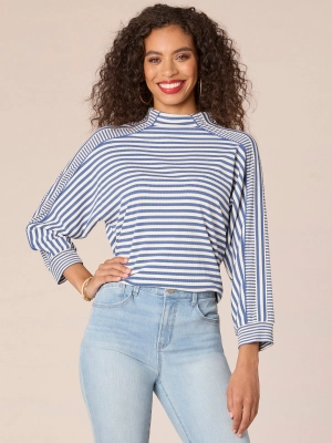 Three Quarter Dolman Sleeve Mock Neck Stripe Blocked Print Knit Top