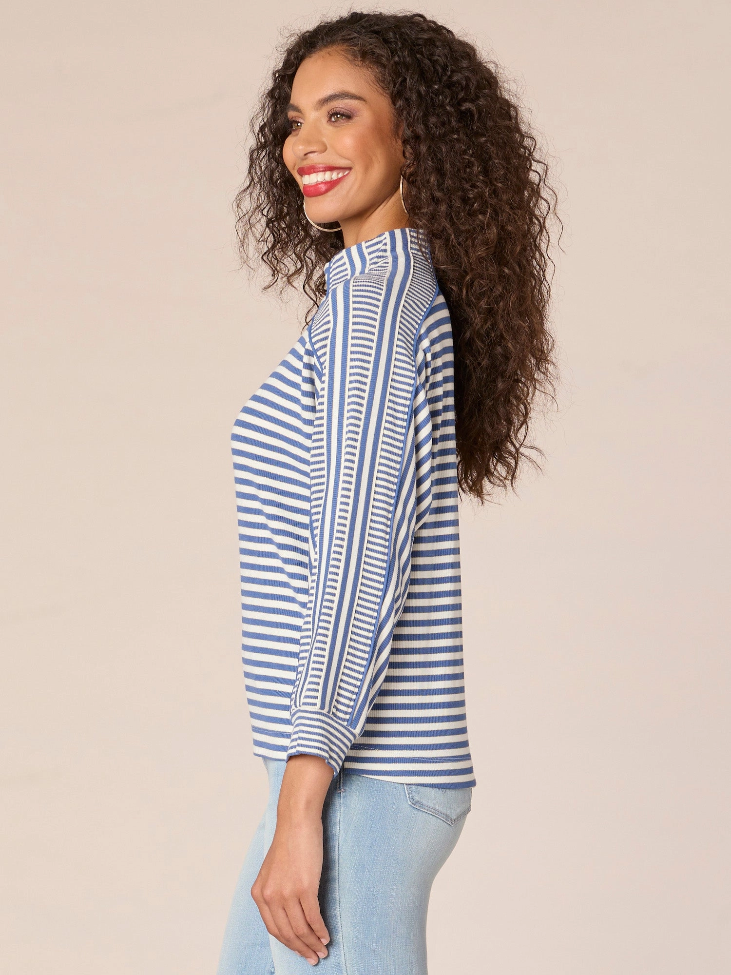 Three Quarter Dolman Sleeve Mock Neck Stripe Blocked Print Knit Top