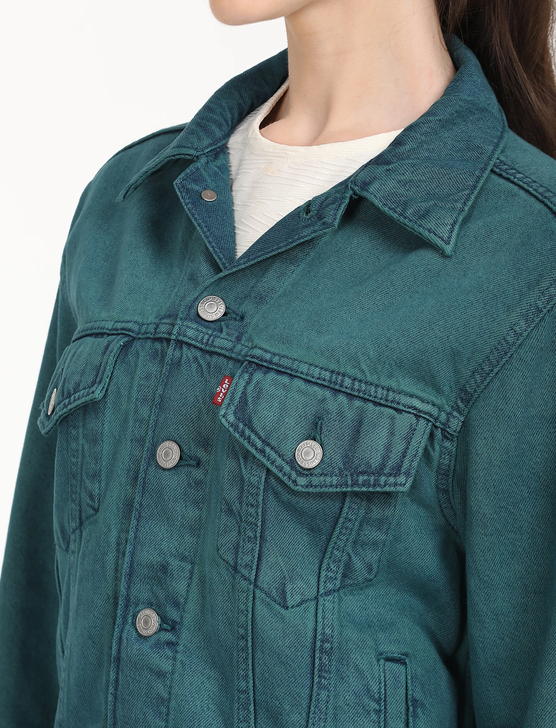 Women's Solid Teal Green Spread Collar Trucker Jacket