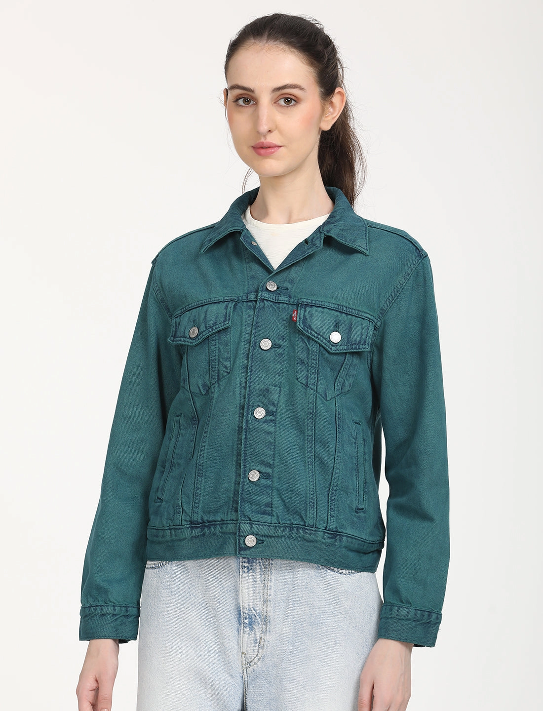 Women's Solid Teal Green Spread Collar Trucker Jacket